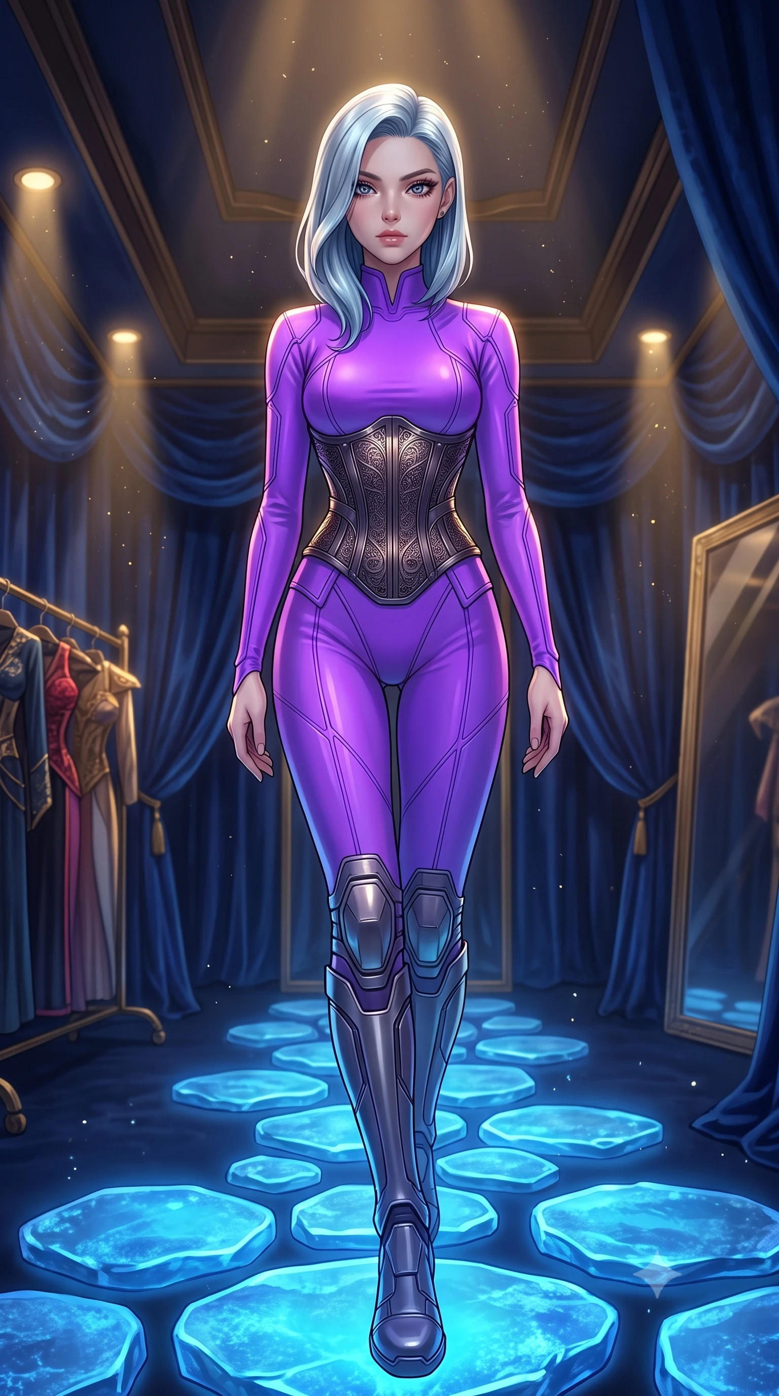 score_9, masterpiece, best quality, ultra-detailed, High-budget Anime Keyframe, East Asian woman. Low angle cowboy shot filling the entire 9:16 frame with her statuesque presence. Scenario 504: stepping across glowing azure stones in a velvet-lined dressing room illuminated by soft golden spotlights. Her presence is magnetic and overpowering in this high-budget anime scene. Outfit 504: a slim-fit neon violet matte vinyl bodysuit layered over a structured corset bodice. The clothing is designed to emphasize her exceptionally tall and slender 8-heads proportion. 8-heads proportion, towering silhouette, ultra-slim waist. sharp v-shaped jawline, intricate jewel-like eyes with depth, thick eyelashes, glossy lips. 2k, ultra detail, master piece, 9:16 ratio