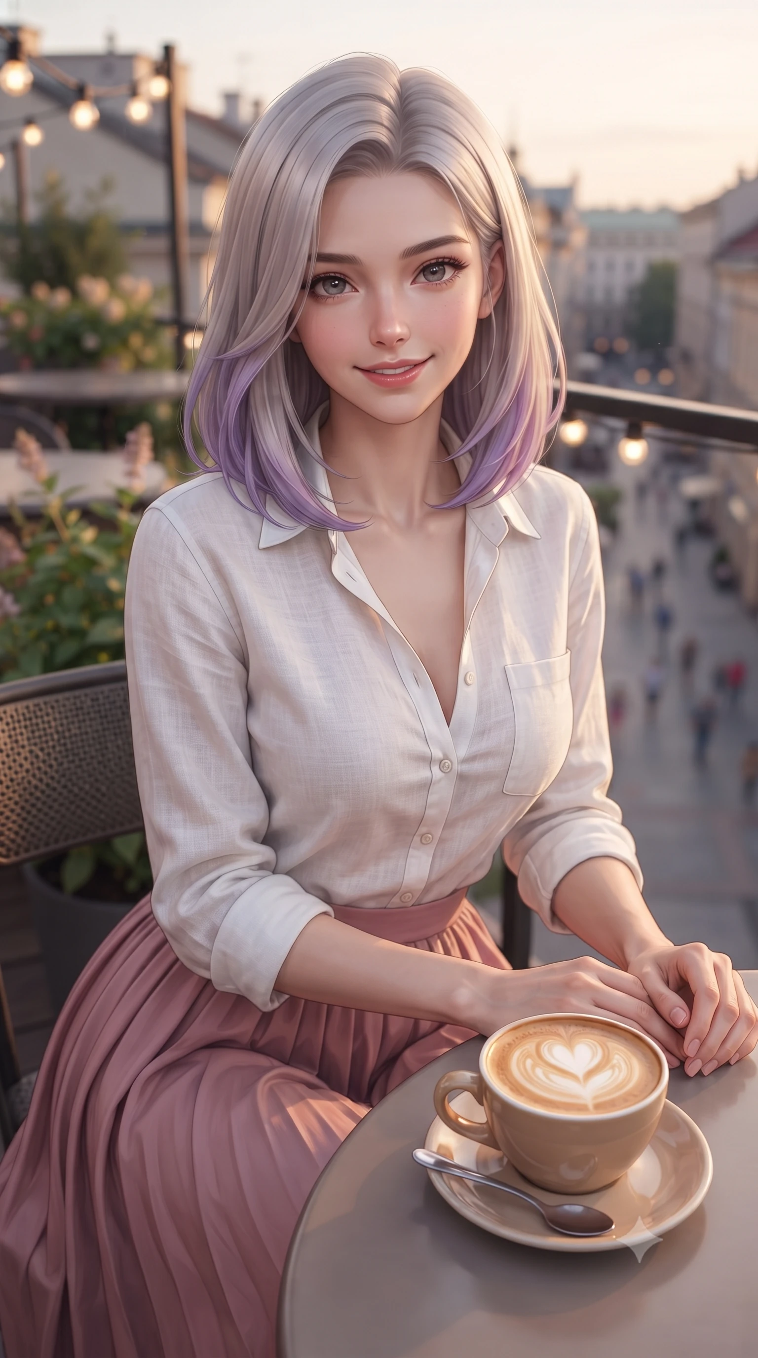 score_9, masterpiece, best quality, ultra-detailed, high-budget anime keyframe, editorial fashion photography, tasteful artistic composition, Caucasian woman. close-up cowboy shot from the waist and thighs up, the character dominates the composition, filling the frame with her large presence, background elements kept in soft focus. gazing at the camera with a warm, lovely smile and cute, friendly eye contact set against a soft-focus background of on a rooftop cafe terrace overlooking a busy pedestrian street below with a warm cup of cafe latte with heart-shaped foam art on the table. She has an exceptionally elegant, slender, and willowy female figure with an ultra-slim waist, a gracefully sculpted slender torso, and a refined silhouette. sharp v-shaped jawline, high-bridge nose, intricate jewel-like eyes with depth, thick eyelashes, glossy lips with a natural sheen. wearing body-hugging casual linen button-down shirt in white, paired with a flowy pleated skirt in dusty pink. warm golden lighting creating a cozy, relaxing weekend mood. highly saturated vibrant anime colors, detailed shading with soft gradients, rich glossy textures, high-contrast stereoscopic depth, volumetric dynamic lighting, master piece, 9:16 ratio