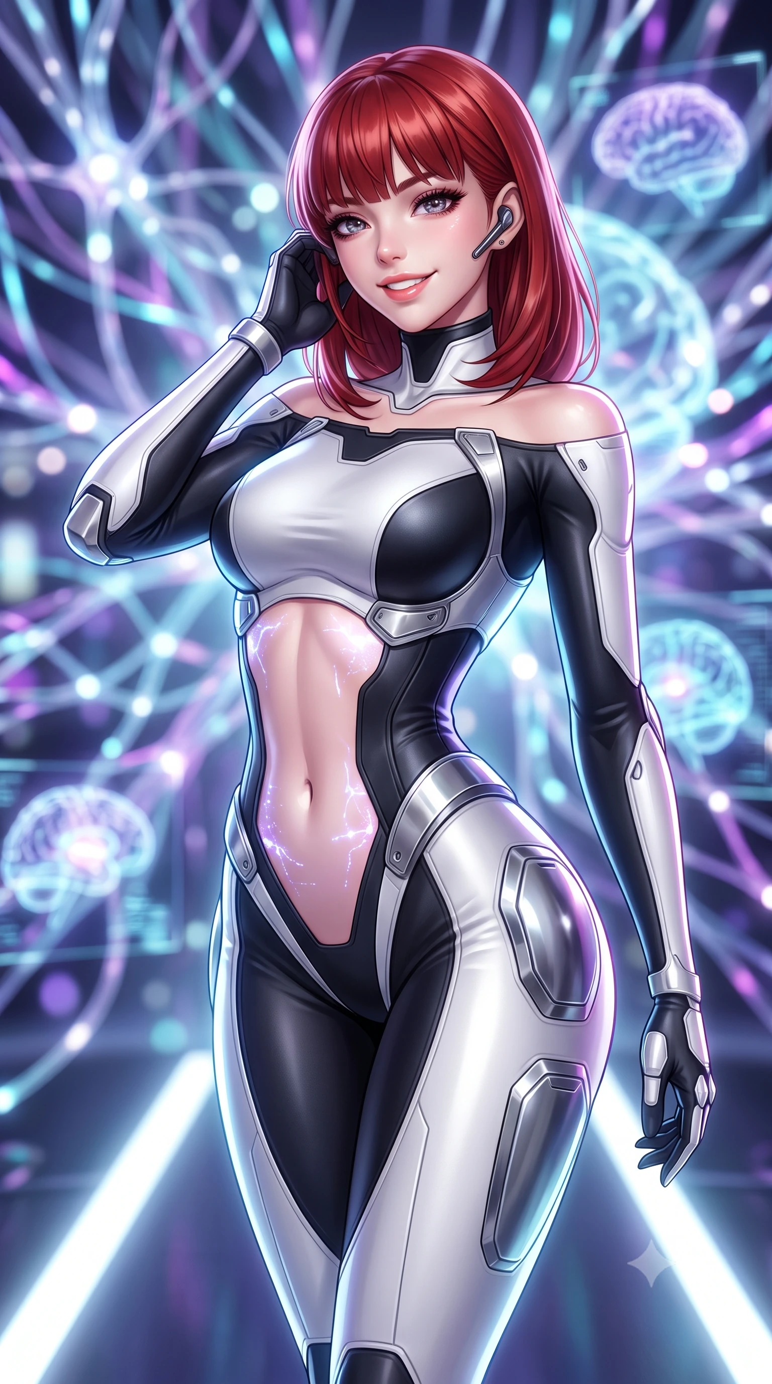 score_9, masterpiece, best quality, ultra-detailed, high-budget anime keyframe, semi-realistic 3D game render, editorial fashion photography, tasteful artistic composition, Caucasian woman. close-up cowboy shot from the waist and thighs up, the character dominates the composition, filling the frame with her large presence. tilting her head with a captivating smile while arching her spine with dancer poise, one hand adjusting her ear comm-link in a flirtatious S-curve while twisting her slender torso in an alluring S-curve, pulsing synaptic data pulses illuminating her flat midriff and rounded feminine hips. The background shows a soft-focus thousands of glowing glass neural fibers and holographic brain scan projections blurred into electric violet, cyan, and clean white bokeh. She has an exceptionally elegant, slender, and willowy female figure with an ultra-slim waist, flat toned midriff, narrow ribcage, and sculpted feminine hips creating an alluring, slim hourglass silhouette without bulk. sharp v-shaped jawline, high-bridge nose, intricate jewel-like sparkling eyes with depth, thick eyelashes, glossy parted lips with a natural sheen, bright confident smile with an enchanting and coquettish sensual glint, exuding both youthful magnetic charm and sovereign high-tech allure, flawlessly proportioned anatomical accuracy, strict slender model proportions, natural body alignment, perfectly sculpted long slender limbs, ultra-slim waistline, clean dynamic posture without body distortion. wearing a form-fitting white-and-gold zero-gravity EVA jumpsuit with an ultra-slim corseted waist and exposed clavicle line in dual-tone high-contrast monochrome black and stark white, tailored from brushed aeronautical titanium alloy with matte satin sheen, accented with strategically placed chrome armor plate guards covering key curves, the form-contouring cut accentuating her sculpted flat midriff, narrow delicate ribcage, and gracefully curvy hips with cybernetic supermodel precision. illuminated by floor light strips and sharp icy-platinum rim lights defining her sculpted collarbones, ultra-slim waist, and curvy hips. highly saturated vibrant anime colors, detailed shading with soft gradients, rich glossy textures, high-contrast stereoscopic depth, volumetric dynamic lighting, master piece, 9:16 ratio