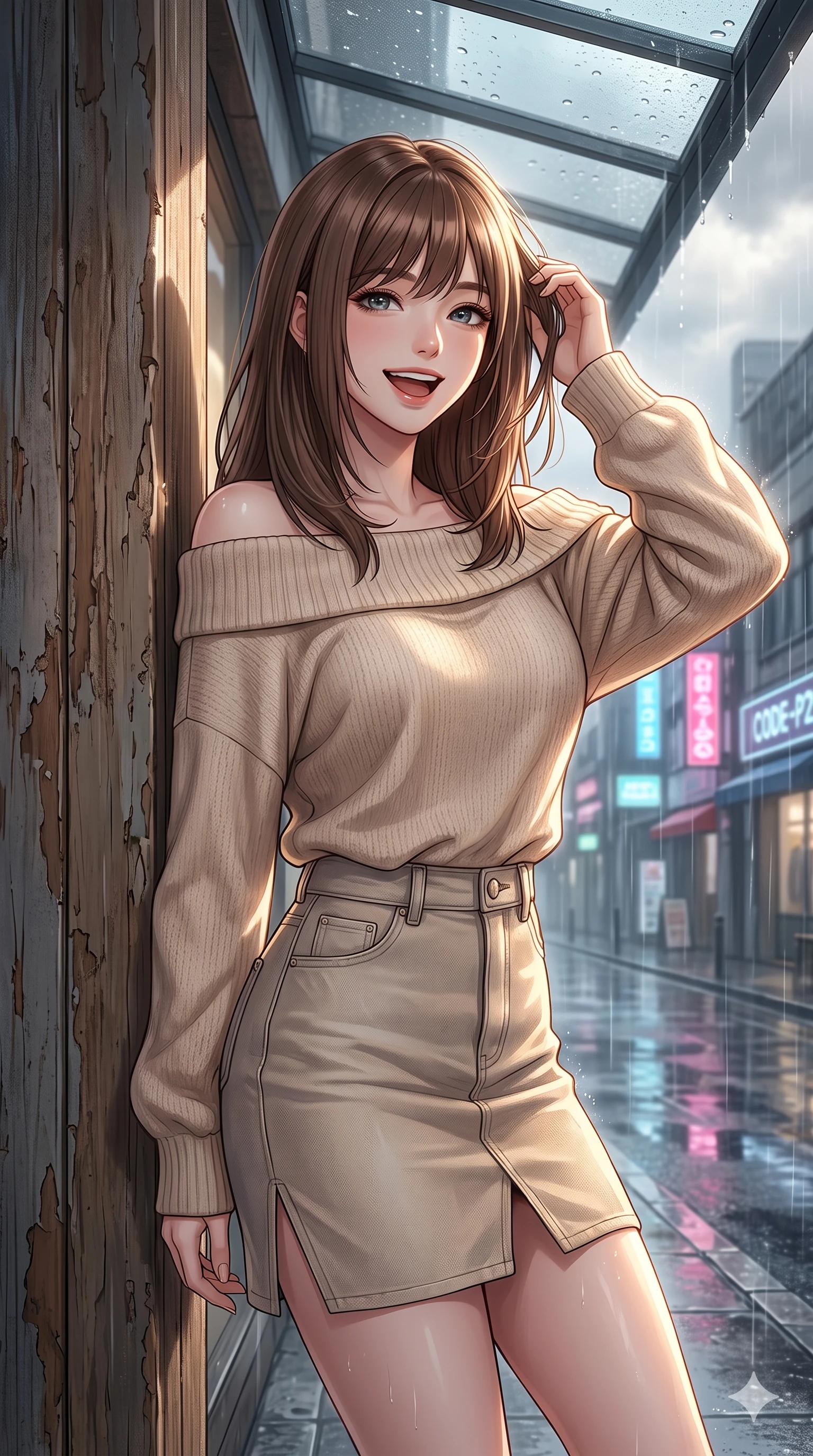 score_9, masterpiece, best quality, ultra-detailed, high-budget anime keyframe, vibrant anime aesthetic, Korean woman. close-up cowboy shot from the waist and thighs up, the character dominates the composition, filling the frame with her large presence, background elements kept in soft focus. She is laughing happily while running her fingers through her hair in the rain, with her eyes bright and full of life leaning against a rustic wooden column. the background shows a soft-focus entrance of a high-fashion boutique with a glass awning, overlooking rain-slicked city streets reflecting neon signs (Code-P22-102). She has an absolutely perfect proportion, an exceptionally elegant and slender female figure with an ultra-slim waist. V-shaped jawline, high-bridge nose, intricate jewel-like eyes with depth, thick eyelashes, glossy lips with a natural sheen. wearing an off-shoulder oversized sweater paired with a refined side vent denim skirt in soft beige. She is bathed in volumetric morning sunbeams piercing through rain clouds, accentuating her slender silhouette during the twilight rain. 2k, ultra detail, master piece, 9:16 ratio