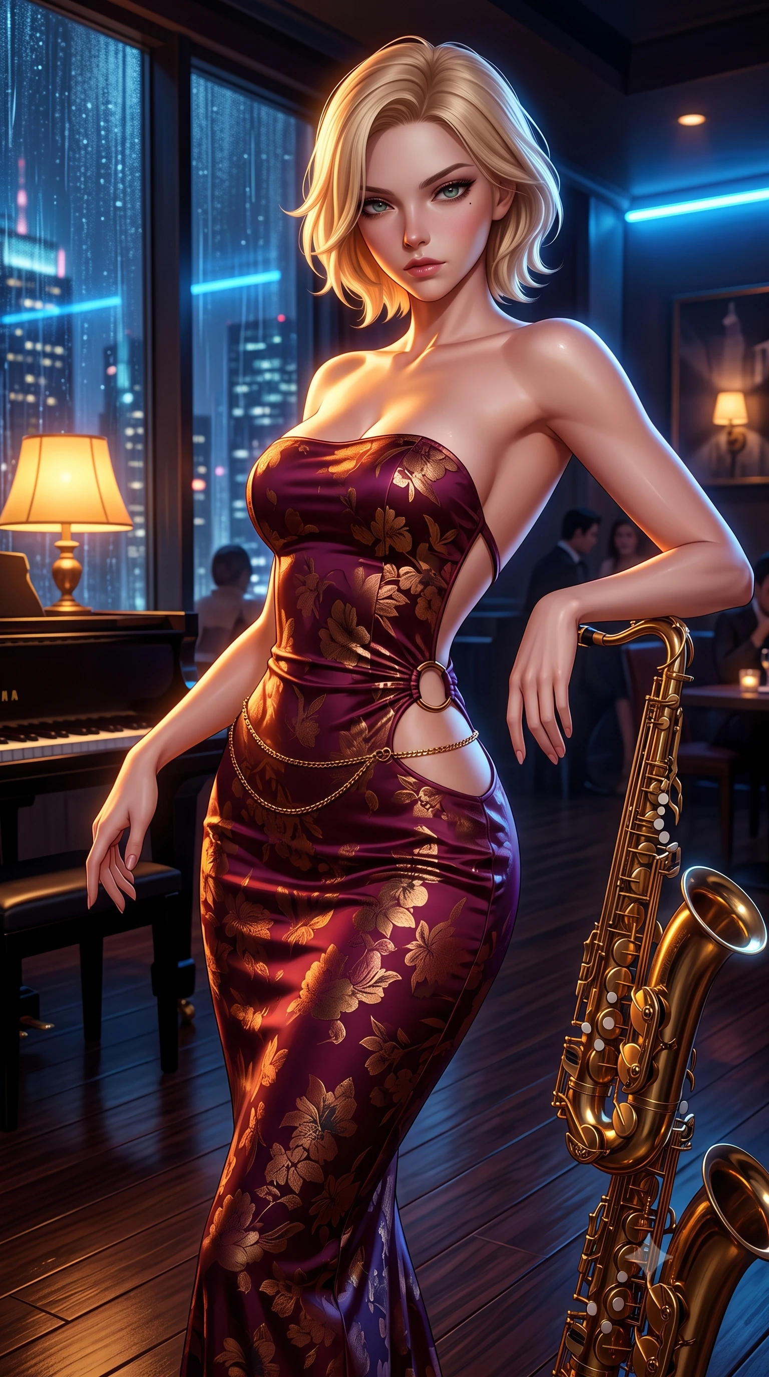 score_9, masterpiece, best quality, ultra-detailed, high-budget anime keyframe, semi-realistic 3D game render, editorial fashion photography, tasteful artistic composition, Caucasian woman. close-up cowboy shot from the waist and thighs up, the character dominates the composition, filling the frame with her large presence. leaning back with relaxed seductive grace, her sculpted collarbones and narrow waist highlighted as she casts smoldering bedroom-eyes directly into the camera while standing poised beside the brass saxophone stand, hips dramatically shifted in an alluring contrapposto stance as midnight city neon glints on her dress. The surrounding environment is rendered in vivid detail and crisp panoramic clarity. rich high-contrast neo-noir chiaroscuro and sophisticated jazz-club romance aesthetics in precision. She has an exceptionally elegant, slender, and willowy female figure with an ultra-slim waist, a gracefully sculpted slender torso, toned flat midriff, and rounded feminine hips creating an alluring hourglass silhouette. sharp v-shaped jawline, high-bridge nose, intricate jewel-like eyes with depth, thick eyelashes, glossy parted lips with a natural sheen, intensely captivating and seductive bedroom-eyes expression, flawlessly proportioned anatomical accuracy, strict slender model proportions, natural body alignment, perfectly sculpted long slender limbs, ultra-slim waistline, clean dynamic posture without body distortion. wearing a sculptured strapless duchess satin evening dress with an open-waist ring cutout and bodycon fit in deep royal wine burgundy and liquid bronze, made of rich textured floral silk jacquard with subtle gold thread, accented with a delicate gold chain belt resting loosely on her curvy hips, the dramatically scooped open back descending to the base of her spine, accentuating her razor-sharp statuesque lines and curvy hourglass silhouette. bathed in warm amber incandescent piano lamp glow contrasting with cool blue rain-slicked skylight. highly saturated vibrant anime colors, detailed shading with soft gradients, rich glossy textures, high-contrast stereoscopic depth, volumetric dynamic lighting, master piece, 9:16 ratio
