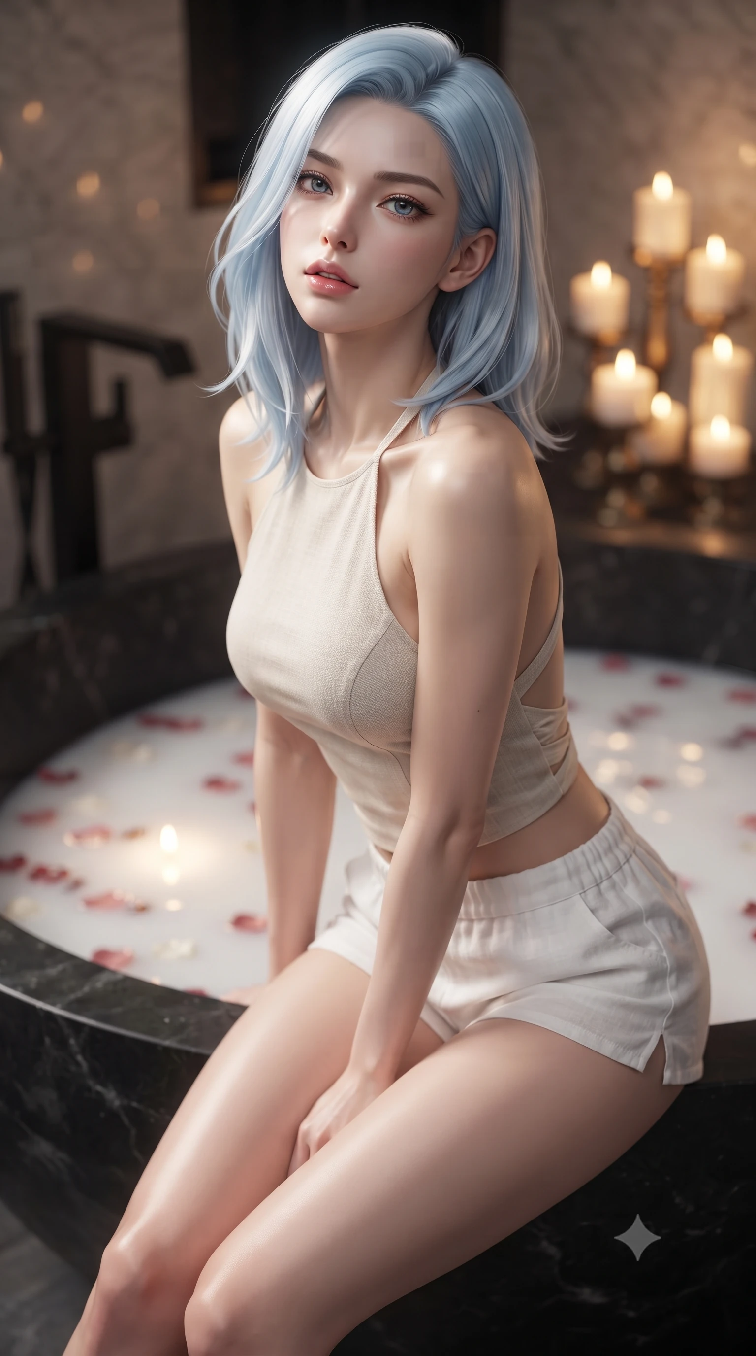 score_9, masterpiece, best quality, ultra-detailed, high-budget anime keyframe, editorial fashion photography, tasteful artistic composition, Korean woman woman. close-up cowboy shot from the waist and thighs up, the character dominates the composition, filling the frame with her large presence, background elements kept in soft focus. tilting her chin up slightly with lips parted in a composed, provocative expression the background shows a soft-focus a private bathroom with a large black stone bathtub filled with milk and rose petals. She has an exceptionally elegant, slender, and willowy female figure with an ultra-slim waist, a gracefully sculpted slender torso, and a refined silhouette. sharp v-shaped jawline, high-bridge nose, intricate jewel-like eyes with depth, thick eyelashes, glossy lips with a natural sheen. wearing a form-contouring stylish linen halter top with an open-back design, paired with white micro-shorts. soft candle stands casting a warm golden glow onto the water surface. ultra-reflective glossy finish, specular highlights, metallic sheen, high-contrast stereoscopic depth, volumetric dynamic lighting, 2k, ultra detail, master piece, 9:16 ratio