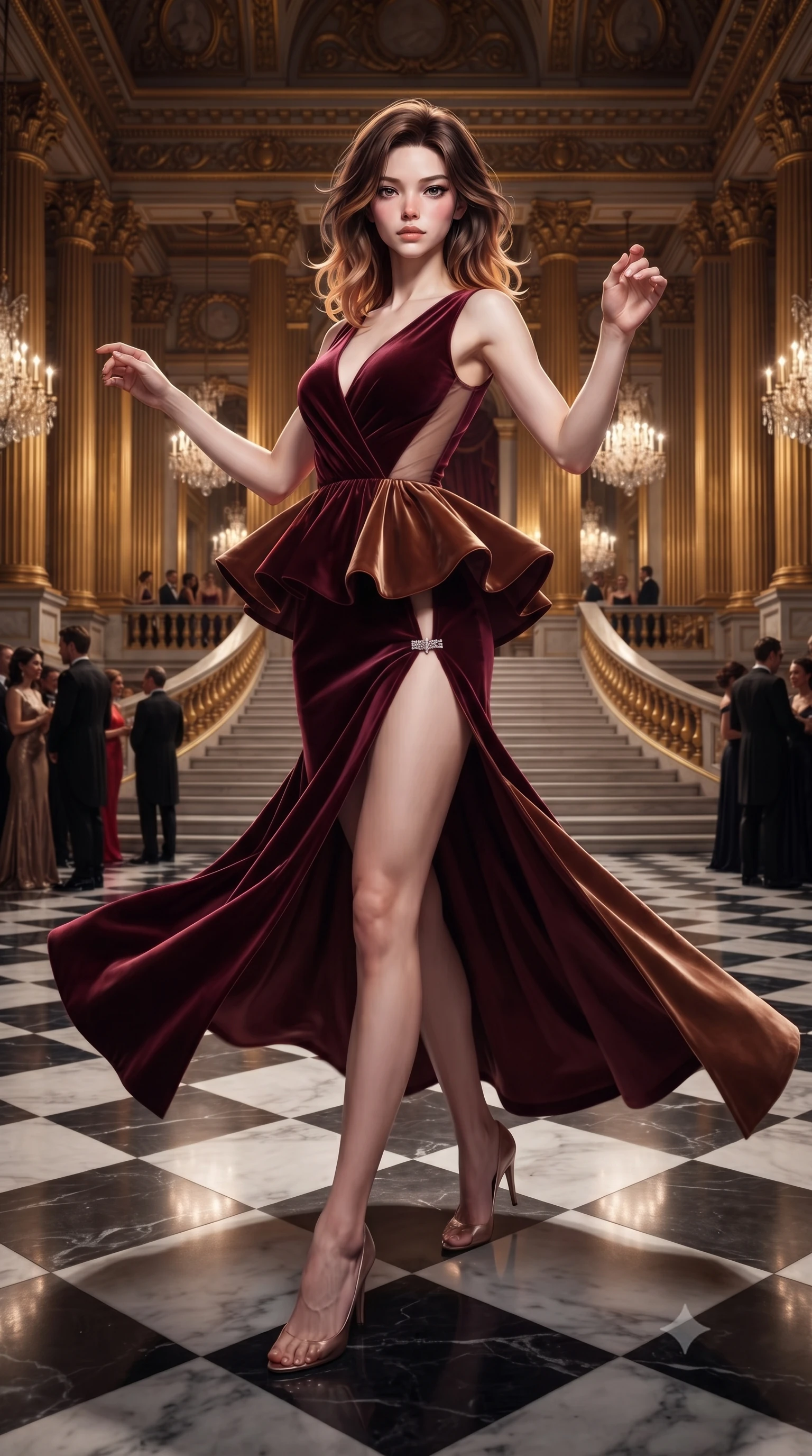 score_9, masterpiece, best quality, ultra-detailed, high-budget anime keyframe, editorial fashion photography, tasteful artistic composition, Korean woman. low angle full-body shot from head to toe showing her feet, filling the entire 9:16 vertical frame with her statuesque presence, stretching her vertical silhouette. executing an elegant mid-motion spin with effortless grace, her garments fluttering softly around her ultra-slim waistline while gliding across the mirror-polished checkerboard marble floor of an imperial palace ballroom during a midnight gala. The surrounding environment is rendered in vivid detail and crisp panoramic clarity. rich high-contrast gala chiaroscuro and monumental imperial palace grandeur captured with environmental sharpness. She has an absolutely perfect, statuesque 8.5-heads proportion, an exceptionally tall and slender model-like female figure with impossibly long slender legs, a toned flat midriff, and an ultra-slim waist. sharp v-shaped jawline, high-bridge nose, intricate jewel-like eyes with depth, thick eyelashes, glossy lips with a natural sheen, captivating and magnetic expression, flawlessly proportioned anatomical accuracy, strict slender model proportions, natural body alignment, perfectly sculpted long slender limbs, ultra-slim waistline, clean dynamic posture without body distortion. wearing a structural geometric peplum gown with sheer side-ribbon cutouts and form-fitting skirt in rich wine burgundy and liquid bronze, crafted from heavyweight crushed silk velvet with liquid luster, finished with an ultra-high side slit secured by miniature jeweled clasps, the breezy yet form-flattering drape swaying gracefully with her steps, accentuating her long willowy limbs and slim waistline. surrounded by a glamorous, exclusive, and breathtakingly captivating billionaire heiress aura. ultra-reflective glossy finish, specular highlights, rich textural contrasts, high-contrast stereoscopic depth, volumetric dynamic lighting, 2k, ultra detail, master piece, 9:16 ratio