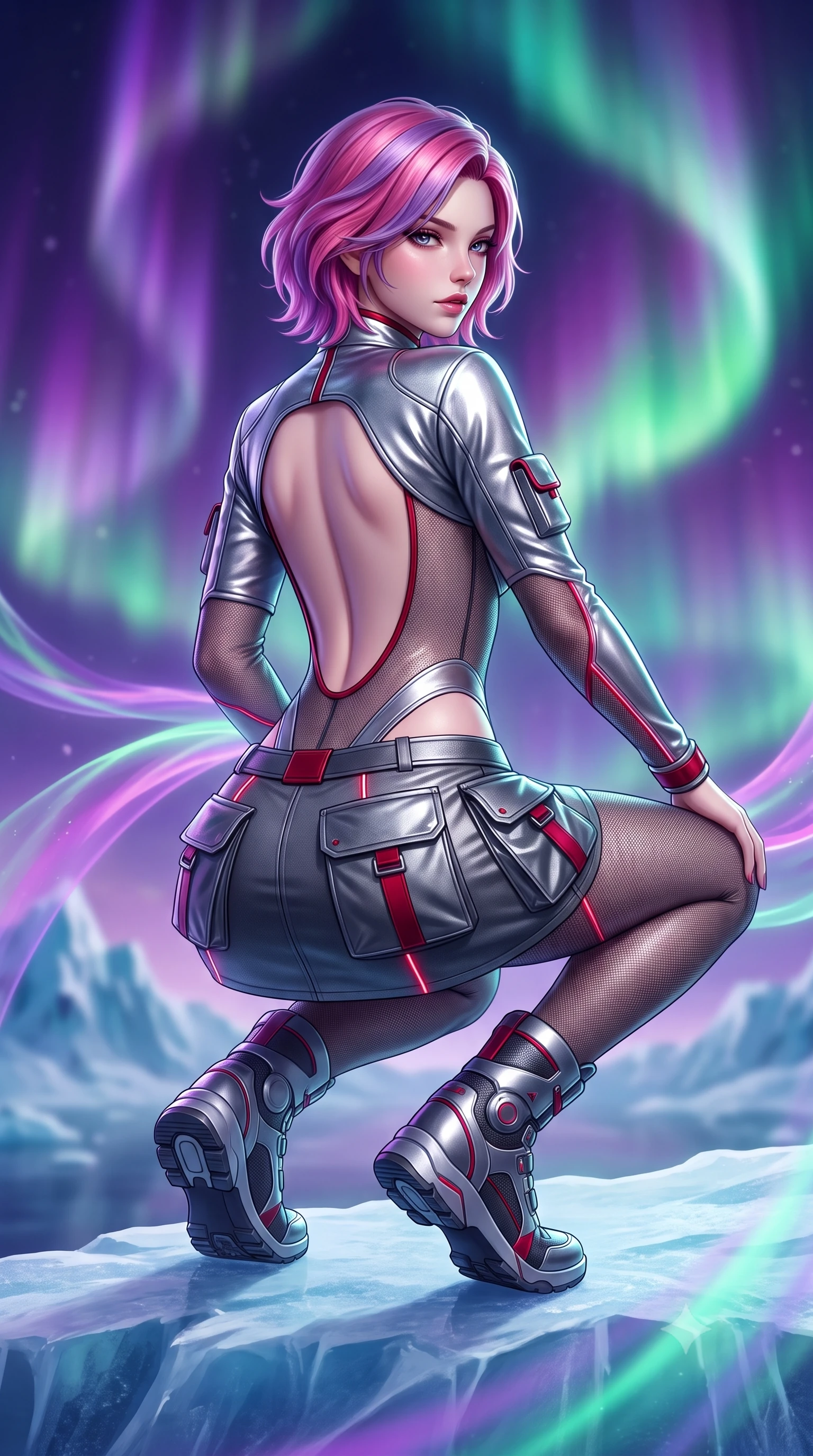 score_9, masterpiece, best quality, ultra-detailed, high-budget anime keyframe, semi-realistic 3D game render, editorial fashion photography, tasteful artistic composition, Caucasian woman. low angle full-body shot from head to toe showing her feet, filling the entire 9:16 vertical frame with her statuesque presence, stretching her vertical silhouette. posing with back turned slightly to the lens, glancing back with smoldering allure as she arches her lower back to emphasize her sculpted feminine hips and slender waist while crouching low in a kinetic warrior stance on the ice ridge, her athletic feminine curves and sculpted glutes highlighted by aurora ribbons. The composition keeps background elements in soft focus with creamy bokeh. swirling violet, emerald, and magenta aurora curtains and distant glacier peaks blurred into glowing amethyst, teal, and diamond bokeh. She has an absolutely perfect, statuesque 8.5-heads proportion, an exceptionally tall and slender model-like female figure with impossibly long slender legs, a toned flat midriff, an ultra-slim waist, and beautifully sculpted feminine hips. sharp v-shaped jawline, high-bridge nose, intricate jewel-like eyes with depth, thick eyelashes, glossy parted lips with a natural sheen, intensely captivating and seductive bedroom-eyes expression, flawlessly proportioned anatomical accuracy, strict slender model proportions, natural body alignment, perfectly sculpted long slender limbs, ultra-slim waistline, clean dynamic posture without body distortion. wearing a futuristic sheer mesh bodysuit layered under a metallic silver shrug bolero and micro cargo skirt in titanium gunmetal and blood-crimson accents, tailored from water-resistant treated wool gabardine and flexible Kevlar, finished with quick-release titanium buckles and neon-reflective piping, the dramatically scooped open back descending to the base of her spine, accentuating her razor-sharp statuesque lines and curvy hourglass silhouette. surrounded by an indomitable, lethal, and breathtakingly majestic cyber-valkyrie goddess aura. highly saturated vibrant anime colors, detailed shading with soft gradients, rich glossy textures, high-contrast stereoscopic depth, volumetric dynamic lighting, master piece, 9:16 ratio