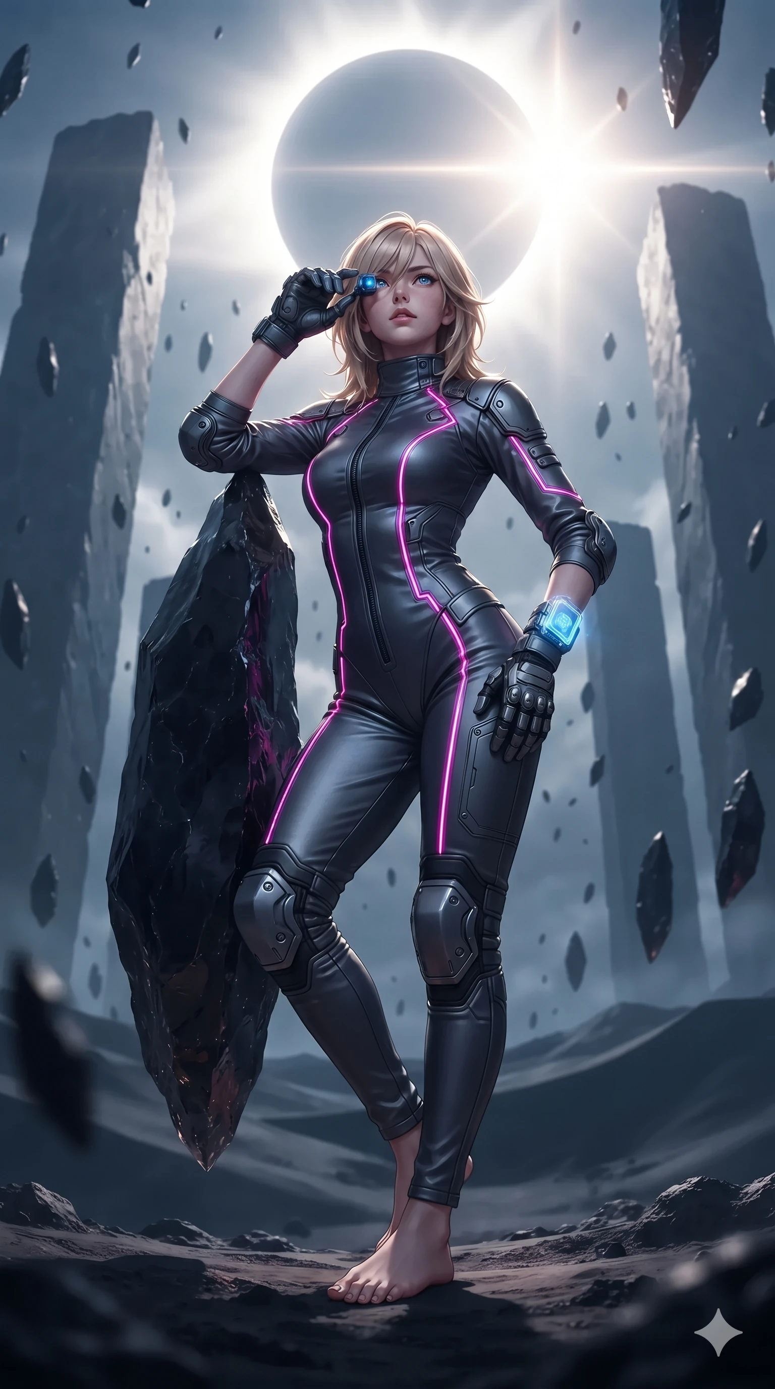 score_9, masterpiece, best quality, ultra-detailed, high-budget anime keyframe, editorial fashion photography, tasteful artistic composition, Japanese woman. low angle full-body shot from head to toe showing her feet, filling the entire 9:16 vertical frame with her statuesque presence, stretching her vertical silhouette. standing poised between colossal monoliths rising from alien ground, arching her back with sovereign ancient-future grace while leaning against a massive levitating shard with hips cocked back, gazing through the blinding coronal ring with intoxicating bedroom-eyes. The background shows a soft-focus hundreds of hovering obsidian polygon shards, radiant solar corona diamond-ring flare, and dark dunes blurred into platinum, diamond, and charcoal bokeh. She has an absolutely perfect, statuesque 8.5-heads proportion, an exceptionally tall and slender model-like female figure with impossibly long slender legs, an ultra-slim waist, a flat toned midriff, narrow delicate ribcage, and beautifully sculpted feminine hips creating a graceful, slim hourglass silhouette without any bulky heaviness. sharp v-shaped jawline, high-bridge nose, intricate jewel-like sparkling eyes with depth, thick eyelashes, glossy parted lips with a natural sheen, bright confident smile with an enchanting and coquettish sensual glint, exuding both youthful magnetic charm and sovereign high-tech allure, flawlessly proportioned anatomical accuracy, strict slender model proportions, natural body alignment, perfectly sculpted long slender limbs, ultra-slim waistline, clean dynamic posture without body distortion. wearing a high-neck tactical reconnaissance jumpsuit with reinforced knee and elbow articulation guards in deep titanium gunmetal and radiant magenta neon, made of flexible bullet-resistant ballistic microfiber with high-tensile strength, complemented by fingerless armored tactical gloves and a glowing holographic wrist terminal, the bespoke structured tailoring following the natural line of her 8.5-heads silhouette with refined elegance. illuminated by reflective shard bounces and intense silver-white rim lights carving her sculpted collarbones, ultra-slim waist, and curvy hips. ultra-reflective glossy finish, specular highlights, rich textural contrasts, high-contrast stereoscopic depth, volumetric dynamic lighting, 2k, ultra detail, master piece, 9:16 ratio