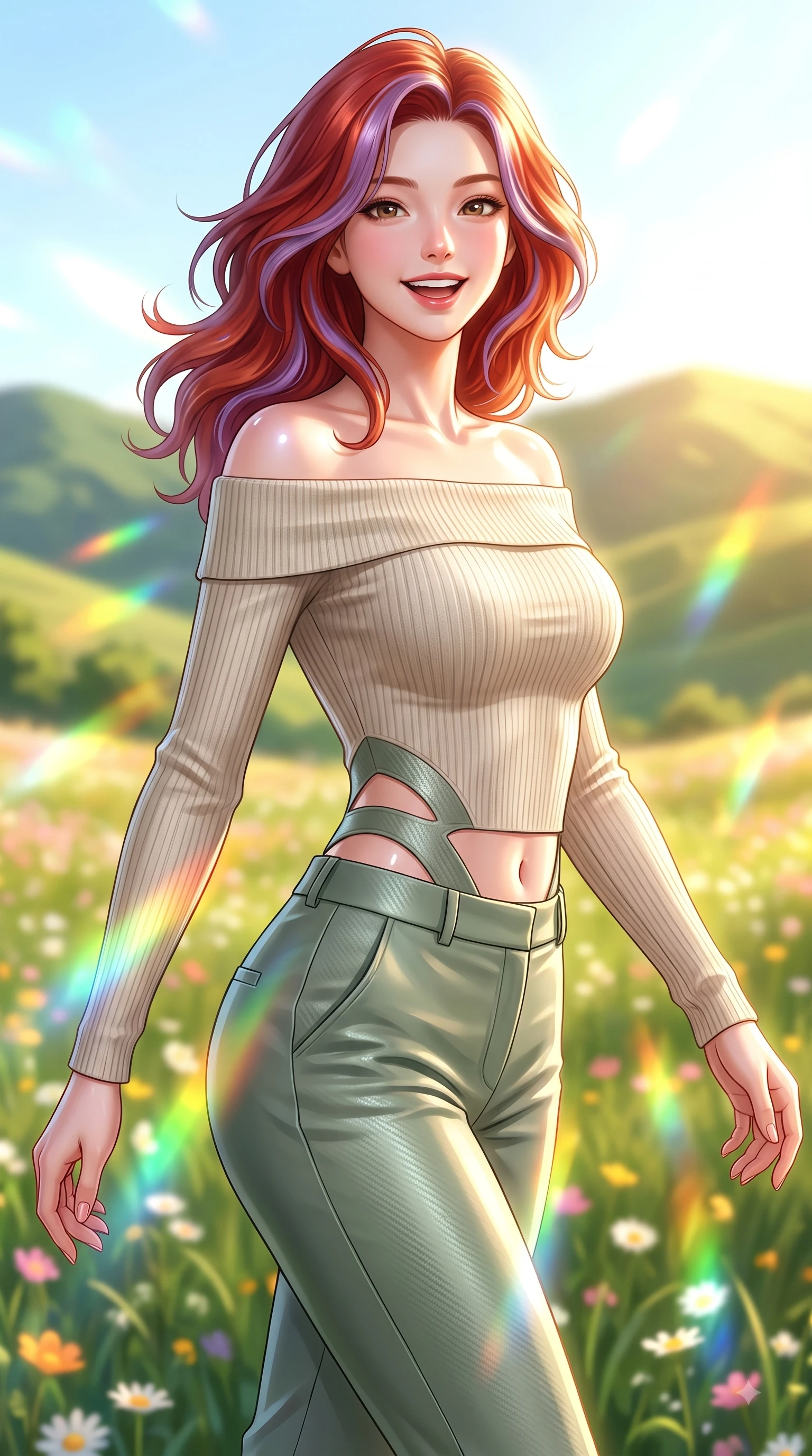score_9, masterpiece, best quality, ultra-detailed, high-budget anime keyframe, editorial fashion photography, tasteful artistic composition, Caucasian woman. close-up cowboy shot from the waist and thighs up, the character dominates the composition, filling the frame with her large presence, background elements kept in soft focus. Cheerful beaming smile with parted lips, exuding pure enchanting charm while turning dynamically toward the camera while pivoting in a cheerful stride through a sunlit flower meadow with an open infectious smile, a sweeping vista of rolling green hills glowing in warm bright sunlight. She has an exceptionally elegant, slender, and willowy female figure with an ultra-slim waist, a gracefully sculpted slender torso, and a refined silhouette. sharp v-shaped jawline, high-bridge nose, intricate jewel-like eyes with depth, thick eyelashes, glossy lips with a natural sheen, flawlessly proportioned anatomical accuracy, natural body alignment, perfectly sculpted elegant limbs, clean dynamic posture without body distortion. wearing a sleek off-shoulder ribbed knit top paired with high-waist tailored pants in sage green and oatmeal, made of fine carbon-fiber weave and soft matte leather, featuring subtle geometric cutouts that highlight her ultra-slim midriff, the form-contouring material highlighting her ultra-slim waist and long lines. illuminated by dazzling rainbow refractions and bright, cheerful ambient sky glow. ultra-reflective glossy finish, specular highlights, metallic sheen, high-contrast stereoscopic depth, volumetric dynamic lighting, 2k, ultra detail, master piece, 9:16 ratio