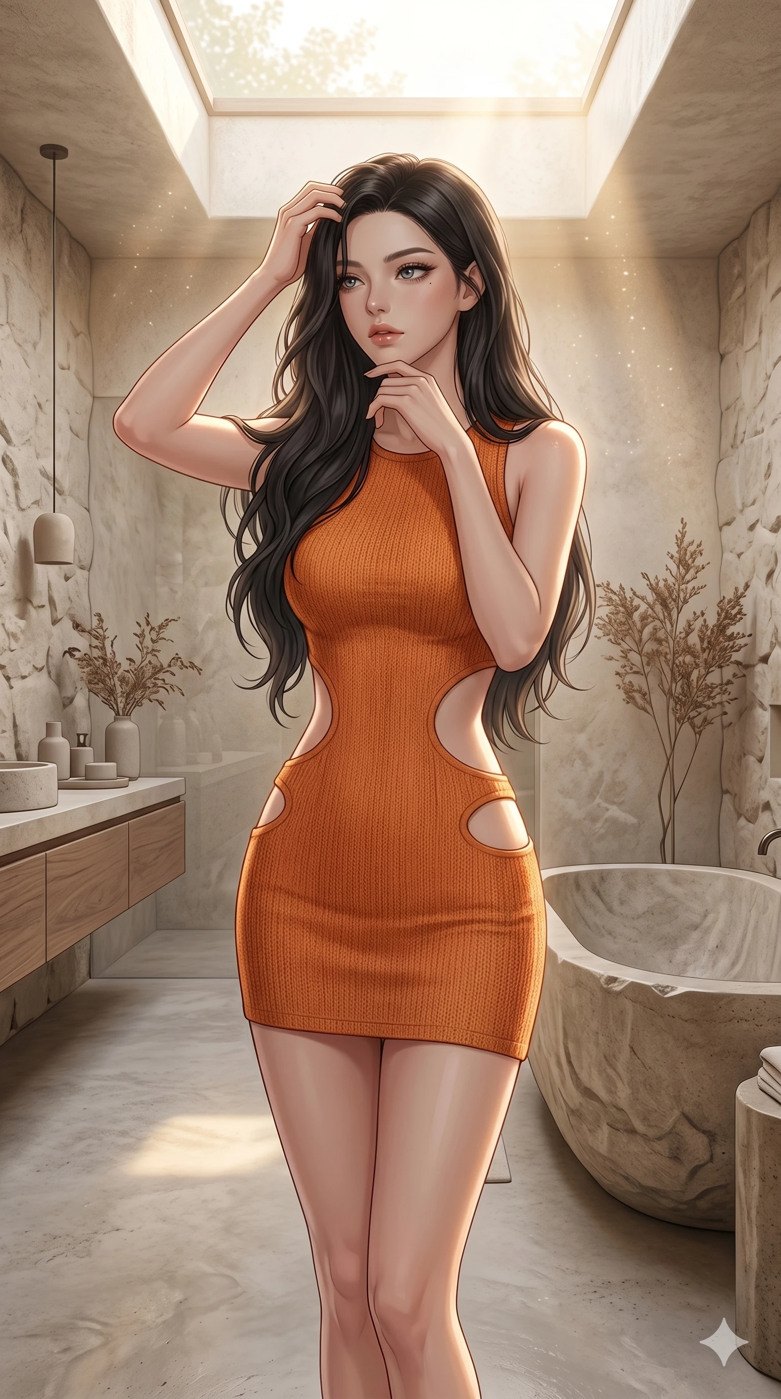 score_9, masterpiece, best quality, ultra-detailed, high-budget anime keyframe, editorial fashion photography, tasteful artistic composition, Korean woman. cowboy shot from the thighs up, character and outfit filling the frame for maximum editorial presence. wiping a lock of hair from her forehead, her expression cool and contemplative as she turns her head inside a sun-washed minimalist bathroom with a large stone tub and warm sunbeams filtering through skylight (Code-P089). She has an absolutely perfect 8-heads proportion, an exceptionally tall and slender female figure with impossibly long slender legs and an ultra-slim waist. V-shaped jawline, high-bridge nose, intricate jewel-like eyes with depth, thick eyelashes, glossy lips with a natural sheen. wearing a skin-tight orange knit dress with strategic curved cutouts at the waist and hip. bathed in soft morning sunbeams flowing into the room, creating a bright, glowing atmosphere. 2k, ultra detail, master piece, 9:16 ratio