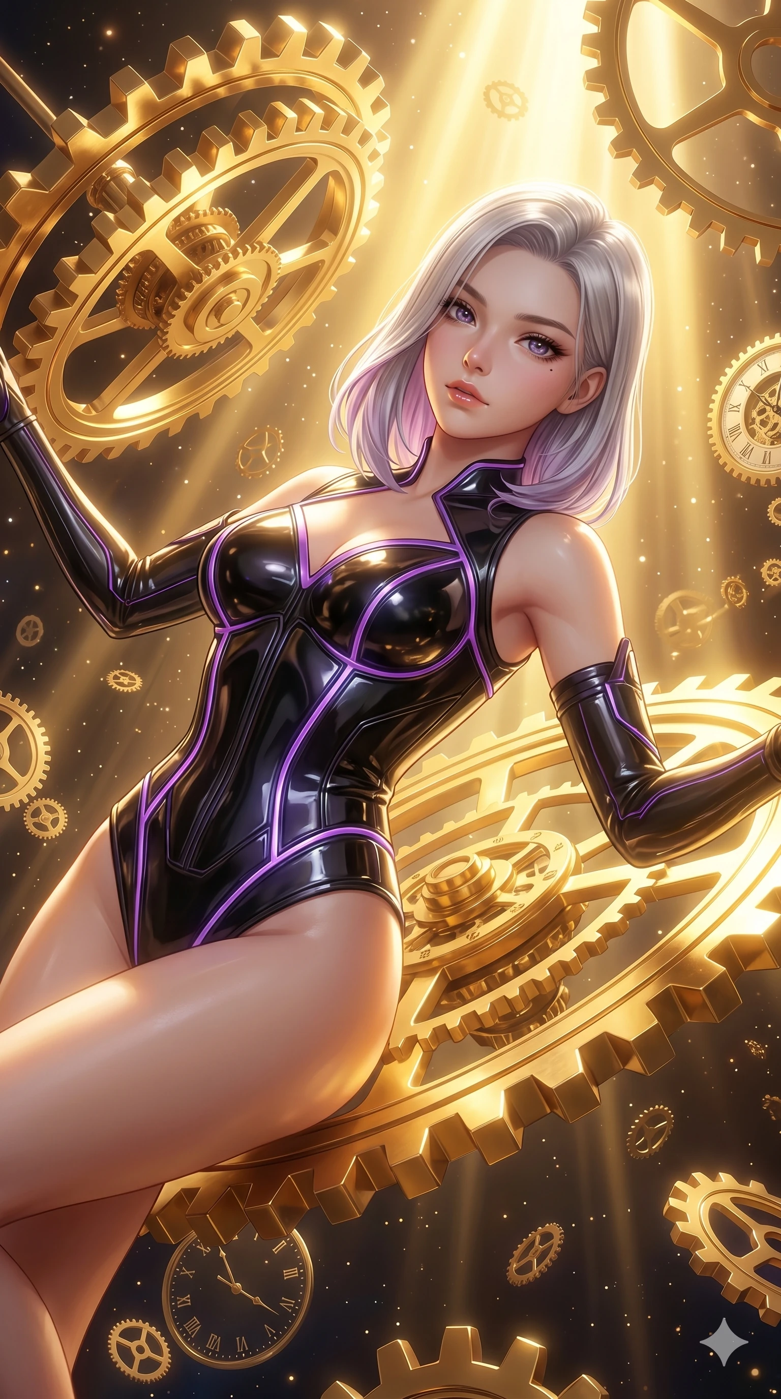 score_9, masterpiece, best quality, ultra-detailed, high-budget anime keyframe, semi-realistic 3D game render, Caucasian woman, strictly human ears. Upper body close-up from the thighs up, character filling the screen for maximum presence. She is intertwined with massive floating gold gears and clockwork mechanisms suspended in a void. She leans back gracefully, looking at the camera with a dreamy, captivating gaze. She has an absolutely perfect 8-heads proportion, a tall and elegant figure with a refined silhouette and a defined waistline. V-shaped jawline, high-bridge nose, intricate jewel-like eyes with depth, thick eyelashes, glossy lips with a natural sheen. She is wearing a structured cybernetic bodice in glossy vinyl panels, paired with detached sleeves and a refined V-neckline detailed with glowing piping. The scene is illuminated by warm, blindingly bright golden spotlights and sharp volumetric light rays. 2k, ultra detail, master piece, 9:16 ratio