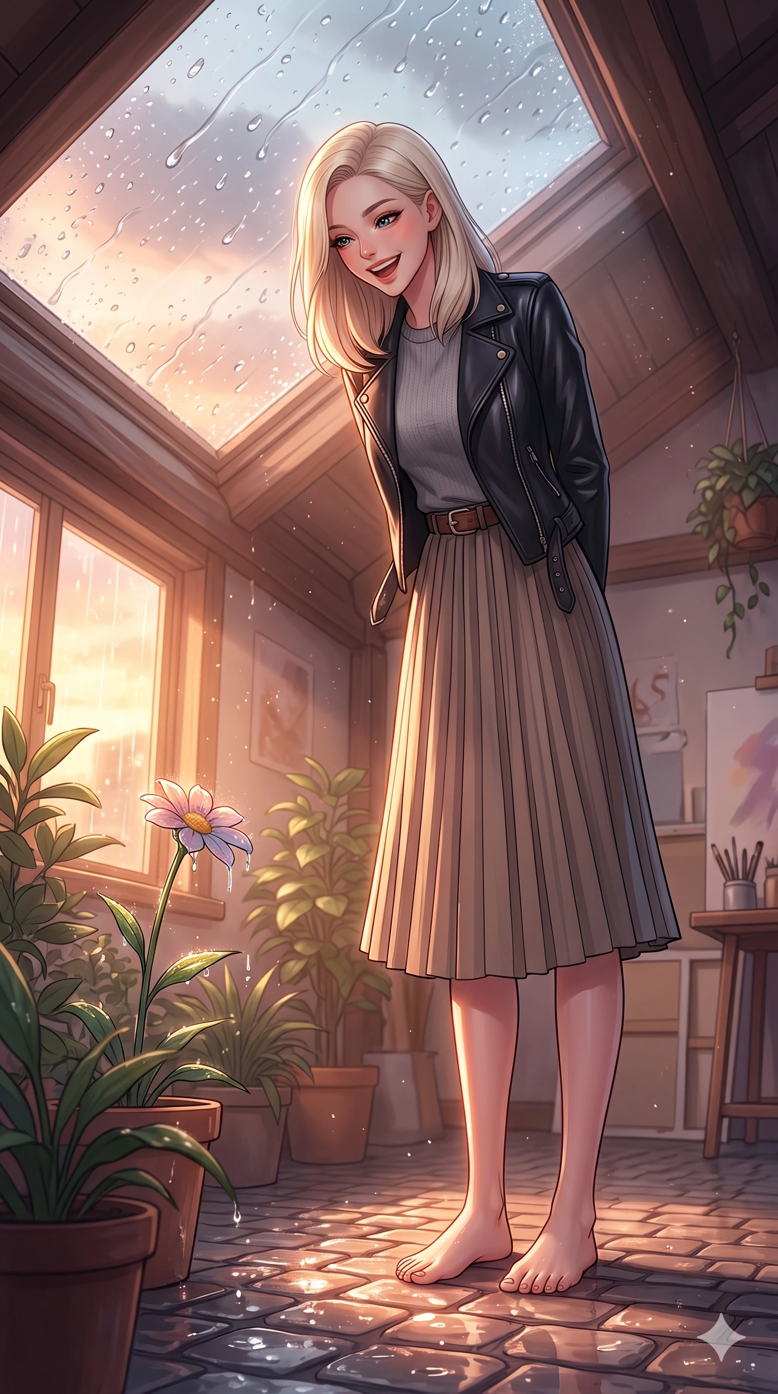 score_9, masterpiece, best quality, ultra-detailed, high-budget anime keyframe, vibrant anime aesthetic, Caucasian woman, strictly human ears. low angle full-body shot from head to toe showing her feet, filling the entire 9:16 vertical frame with her statuesque presence, stretching her vertical silhouette. She is laughing happily while looking down at a blooming rain-drenched flower, her eyes glowing with lively energy with a gentle tilt of her head. inside a cozy attic studio with a large skylight pane covered in sliding rain droplets, bathed in soft warm light (Code-P22-014). She has an absolutely perfect 8-heads proportion, an exceptionally tall and slender female figure with impossibly long slender legs and an ultra-slim waist. V-shaped jawline, high-bridge nose, intricate jewel-like eyes with depth, thick eyelashes, glossy lips with a natural sheen. wearing a sleek black leather jacket over a grey crewneck sweater and a pleated midi skirt with an elegant leather belt. She is bathed in glowing sunset light reflecting off wet cobblestones, creating a warm, inviting, and atmospheric glow in the rainy afternoon. 2k, ultra detail, master piece, 9:16 ratio