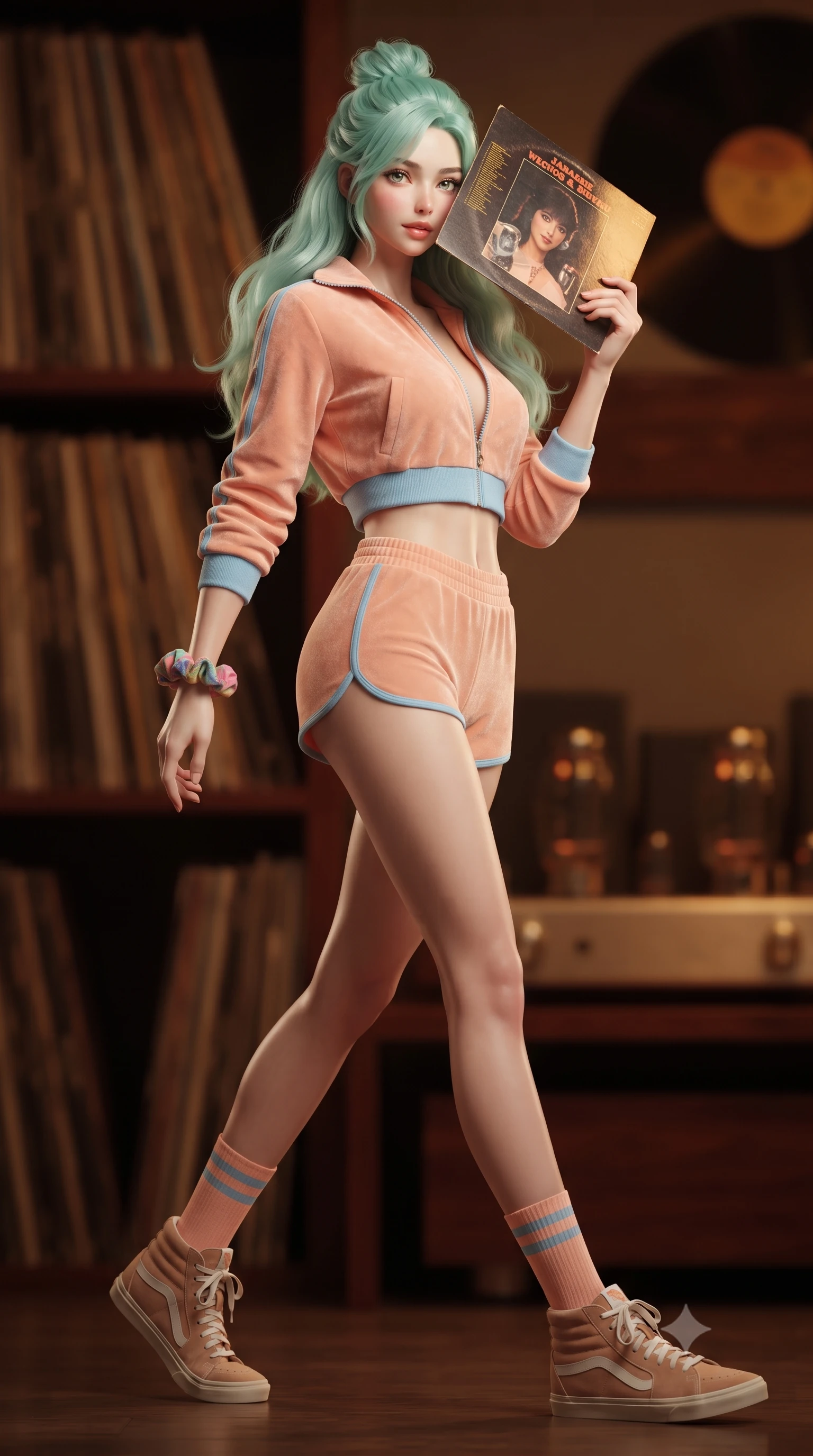 score_9, masterpiece, best quality, ultra-detailed, high-budget anime keyframe, editorial fashion photography, tasteful artistic composition, Japanese woman. low angle full-body shot from head to toe showing her feet, filling the entire 9:16 vertical frame with her statuesque presence, stretching her vertical silhouette. stepping forward gracefully in mid-motion, displaying her toned flat midriff and flawlessly sculpted slender limbs while holding a vintage LP album cover near her face, peeking over the edge with playful, sparkling eyes into the lens. The composition keeps background elements in soft focus with creamy bokeh. walls of vintage vinyl record spines and glowing vacuum tube amplifiers blurred into rich mahogany, amber, and whiskey-gold bokeh. She has an absolutely perfect, statuesque 8.5-heads proportion, an exceptionally tall and slender model-like female figure with impossibly long slender legs, a toned flat midriff, and an ultra-slim waist. sharp v-shaped jawline, high-bridge nose, intricate jewel-like eyes with depth, thick eyelashes, glossy lips with a natural sheen, captivating and magnetic expression, flawlessly proportioned anatomical accuracy, strict slender model proportions, natural body alignment, perfectly sculpted long slender limbs, ultra-slim waistline, clean dynamic posture without body distortion. wearing a sporty 80s retro track jacket paired with high-waisted dolphin running shorts and tube socks in soft peach and French sky blue, tailored from velvety soft genuine suede with classic stitched seams, accessorized with a colorful scrunchie on her wrist and classic retro high-top sneakers, the precision-cut daring openings accentuating her delicate midriff, graceful bare collarbones, and ultra-slim feminine waistline. illuminated by soft directional key light defining her high-bridge nose, glossy lips, and slender neckline. ultra-reflective glossy finish, specular highlights, rich textural contrasts, high-contrast stereoscopic depth, volumetric dynamic lighting, 2k, ultra detail, master piece, 9:16 ratio