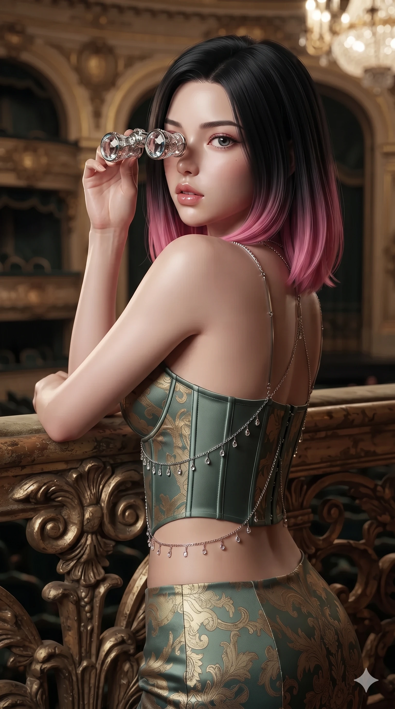 score_9, masterpiece, best quality, ultra-detailed, high-budget anime keyframe, editorial fashion photography, tasteful artistic composition, Korean woman. close-up cowboy shot from the waist and thighs up, the character dominates the composition, filling the frame with her large presence. posing in an alluring rear three-quarter angle, looking over a bare shoulder with parted glossy lips, her hips cocked back to highlight her slim hourglass curve while leaning against the carved gold balustrade with hips cocked back, looking through crystal opera glasses with heavy-lidded seductive bedroom-eyes. The background shows a soft-focus theatrical grand tier atmosphere softened in royal opera salon shallow focus. She has an exceptionally elegant, slender, and willowy female figure with an ultra-slim waist, flat toned midriff, narrow ribcage, and sculpted feminine hips creating an alluring, slim hourglass silhouette without bulk. sharp v-shaped jawline, high-bridge nose, intricate jewel-like sparkling eyes with depth, thick eyelashes, glossy parted lips with a natural sheen, intensely captivating and seductive bedroom-eyes expression, exuding both youthful cute charm and sovereign luxury allure, flawlessly proportioned anatomical accuracy, strict slender model proportions, natural body alignment, perfectly sculpted long slender limbs, ultra-slim waistline, clean dynamic posture without body distortion. wearing a sculpted matte satin underwire crop corset with lace-up side ties paired with a low-rise micro skirt in celadon jade and antique gold-leaf, made of fluid liquid jersey with seamless sculpting hold and smooth contours, accented with a chrome-drop body harness subtly framing her dewy collarbones and spine, the form-contouring material adhering flawlessly to her sculpted flat midriff and slender torso, emphasizing her long leg lines and perfectly proportioned willowy build. illuminated by velvet loge bounce and sharp gold-crimson rim lights defining her razor-sharp jawline, narrow waist, and curvy hips. ultra-reflective glossy finish, specular highlights, rich textural contrasts, high-contrast stereoscopic depth, volumetric dynamic lighting, 2k, ultra detail, master piece, 9:16 ratio