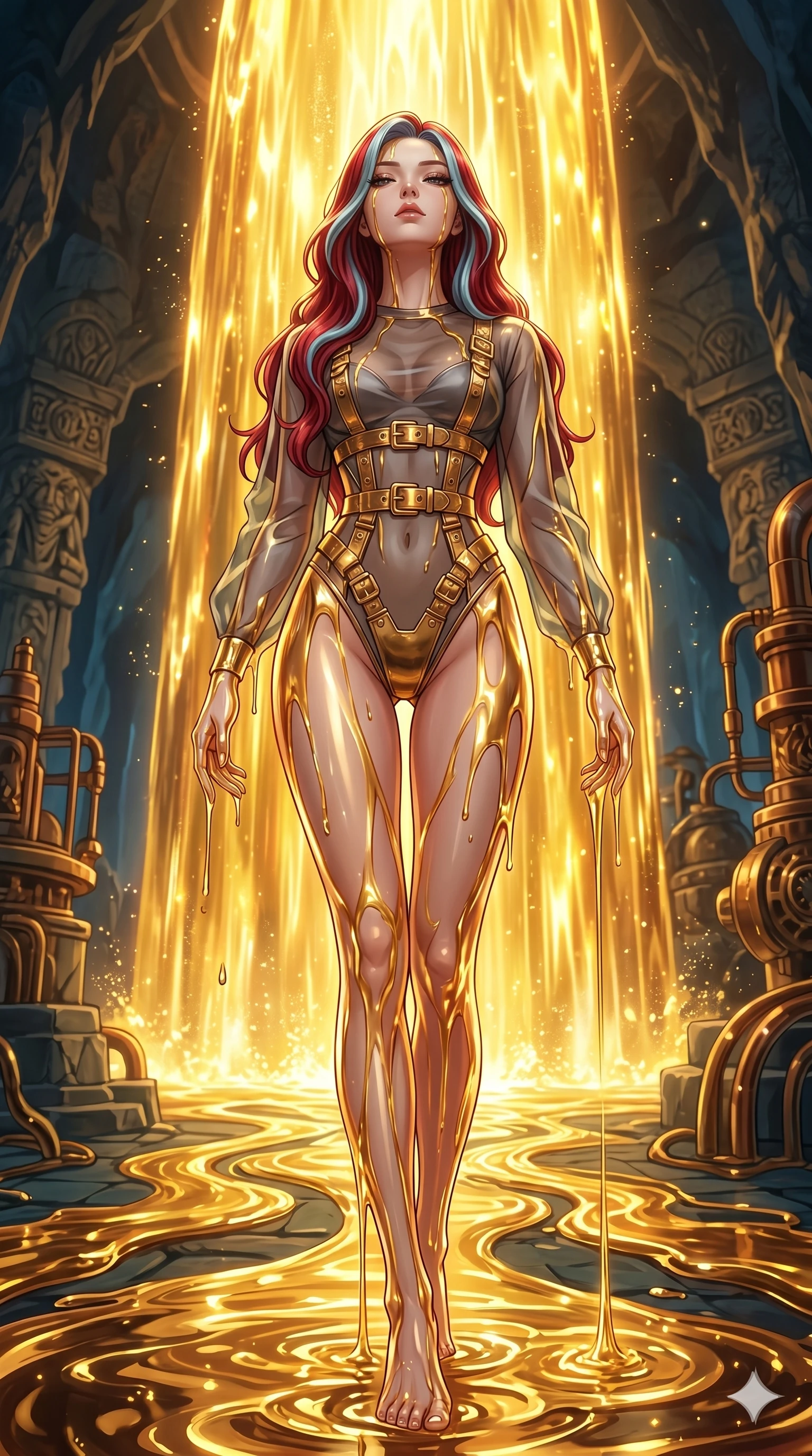 score_9, masterpiece, best quality, ultra-detailed, High-budget Anime Keyframe, East Asian woman. Low angle cowboy shot filling the entire 9:16 frame with her statuesque presence. Scenario 169: Standing under a waterfall of liquid gold, the fluid coating her form. Her presence is magnetic and overpowering in this high-budget anime scene. Outfit 169: A sheer organza sheer with a high-cut leg line and metallic buckles. The clothing is designed to emphasize her exceptionally tall and slender 8-heads proportion. 8-heads proportion, towering silhouette, ultra-slim waist. sharp v-shaped jawline, intricate jewel-like eyes with depth, thick eyelashes, glossy lips. 2k, ultra detail, master piece, 9:16 ratio