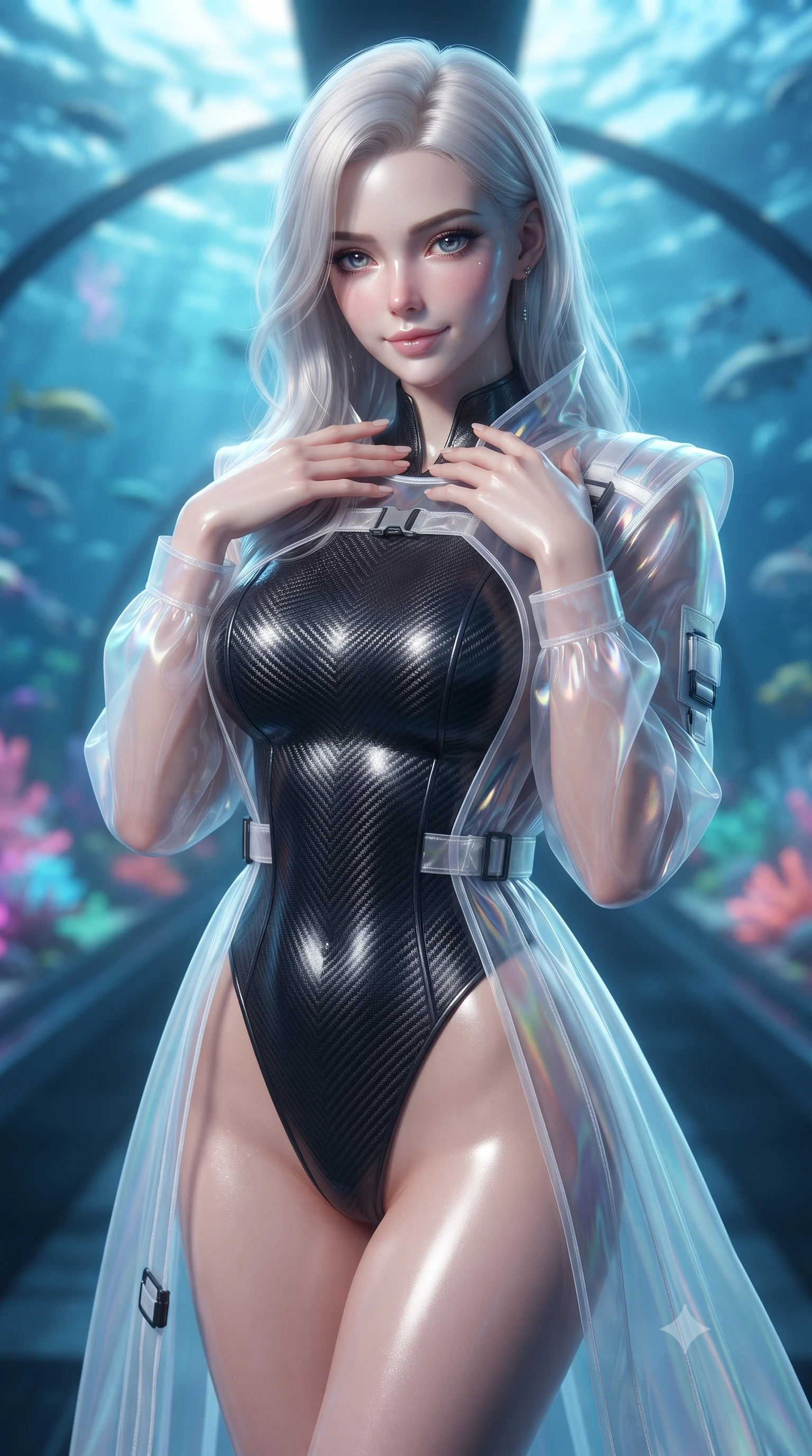 score_9, masterpiece, best quality, ultra-detailed, high-budget anime keyframe, editorial fashion photography, tasteful artistic composition, Caucasian woman. close-up cowboy shot from the waist and thighs up, the character dominates the composition, filling the frame with her large presence, background elements kept in soft focus. standing in a relaxed, elegant posture with both hands resting lightly on her collarbone, looking at the viewer with bedroom-eyes, the background shows a soft-focus a sub-oceanic glass tunnel overlooking a sea of synthetic neon coral. She has an exceptionally elegant, slender, and willowy female figure with an ultra-slim waist, a gracefully sculpted slender torso, and a refined silhouette. sharp v-shaped jawline, high-bridge nose, intricate jewel-like eyes with depth, thick eyelashes, glossy lips with a natural sheen. wearing a tailored sheer white holographic organza combat gown worn over a high-cut carbon-fiber leotard. shifting aqua-blue starlight refracting through waves onto her profile. ultra-reflective glossy finish, specular highlights, metallic sheen, high-contrast stereoscopic depth, volumetric dynamic lighting, 2k, ultra detail, master piece, 9:16 ratio