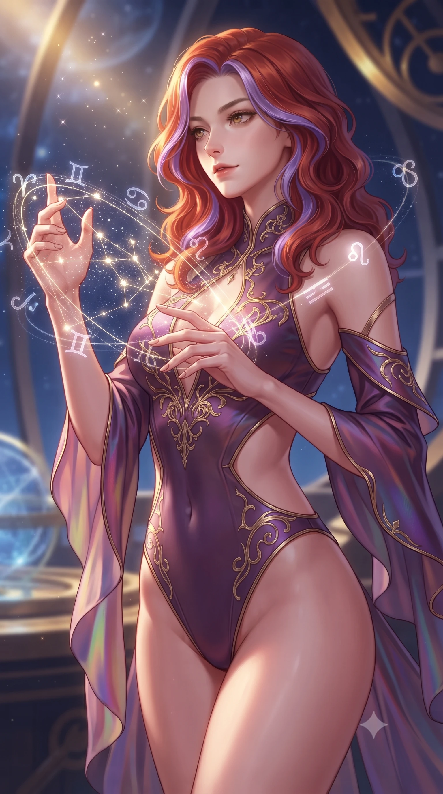 score_9, masterpiece, best quality, ultra-detailed, high-budget anime keyframe, editorial fashion photography, tasteful artistic composition, Caucasian woman. close-up cowboy shot from the waist and thighs up, the character dominates the composition, filling the frame with her large presence, background elements kept in soft focus. Gazing past the camera with an air of effortless elegance and mysterious confidence navigating a constellation map woven from starlight threads, translucent zodiac glyphs orbiting around her delicate hands. She has an exceptionally elegant, slender, and willowy female figure with an ultra-slim waist, a gracefully sculpted slender torso, and a refined silhouette. sharp v-shaped jawline, high-bridge nose, intricate jewel-like eyes with depth, thick eyelashes, glossy lips with a natural sheen. wearing an asymmetrical high-cut tech-bodysuit with detached sleeves in plum purple and gold filigree, crafted from iridescent chiffon that shifts colors in the light, featuring clean architectural cutouts along her slender torso, the glove-like fit emphasizing her statuesque silhouette. illuminated by brilliant starlight and warm golden inner glow from the astrolabe. highly saturated vibrant anime colors, detailed shading with soft gradients, rich glossy textures, high-contrast stereoscopic depth, volumetric dynamic lighting, master piece, 9:16 ratio