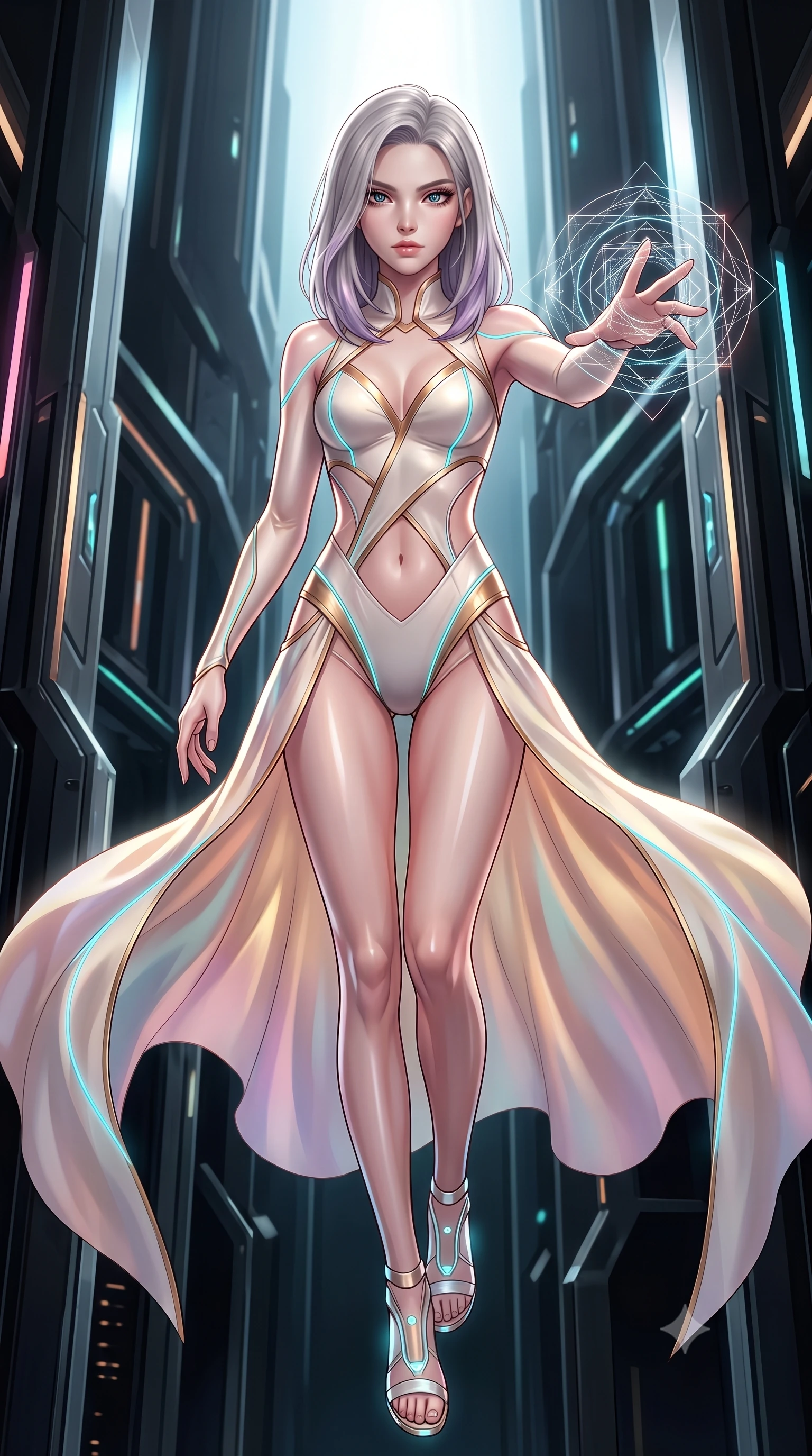 score_9, masterpiece, best quality, ultra-detailed, high-budget anime keyframe, editorial fashion photography, tasteful artistic composition, Caucasian woman. low angle full-body shot from head to toe showing her feet, filling the entire 9:16 vertical frame with her statuesque presence, stretching her vertical silhouette. performing an alluring mid-air vault with flawless poise, looking directly into the camera with regal, divine intensity while extending one arm with sovereign authority as complex holographic geometric mandalas orbit her fingertips. The surrounding environment is rendered in vivid detail and crisp panoramic clarity. vibrant high-contrast cybernetic lighting and monumental quantum architecture in panoramic precision. She has an absolutely perfect, statuesque 8.5-heads proportion, an exceptionally tall and slender model-like female figure with impossibly long slender legs, a toned flat midriff, and an ultra-slim waist. sharp v-shaped jawline, high-bridge nose, intricate jewel-like eyes with depth, thick eyelashes, glossy lips with a natural sheen, flawlessly proportioned anatomical accuracy, strict slender model proportions, natural body alignment, perfectly sculpted long slender limbs, ultra-slim waistline, clean dynamic posture without body distortion. wearing a second-skin white-and-gold high-fashion tech-bodysuit with diagonal midriff cutouts and glowing cyan fiber seams in sculpted rose gold and luminescent champagne ivory, made of smooth flowing silk chiffon that shifts colors with movement, accented with glowing fiber-optic seams tracing her collarbones and hip curves, the form-contouring material adhering flawlessly to her sculpted flat midriff and slender torso, emphasizing her long leg lines and perfectly proportioned willowy build. illuminated by sharp specular highlights tracing her ultra-slim waist, long legs, and sculpted collarbones. ultra-reflective glossy finish, specular highlights, dark metallic sheen, high-contrast stereoscopic depth, volumetric dynamic lighting, 2k, ultra detail, master piece, 9:16 ratio