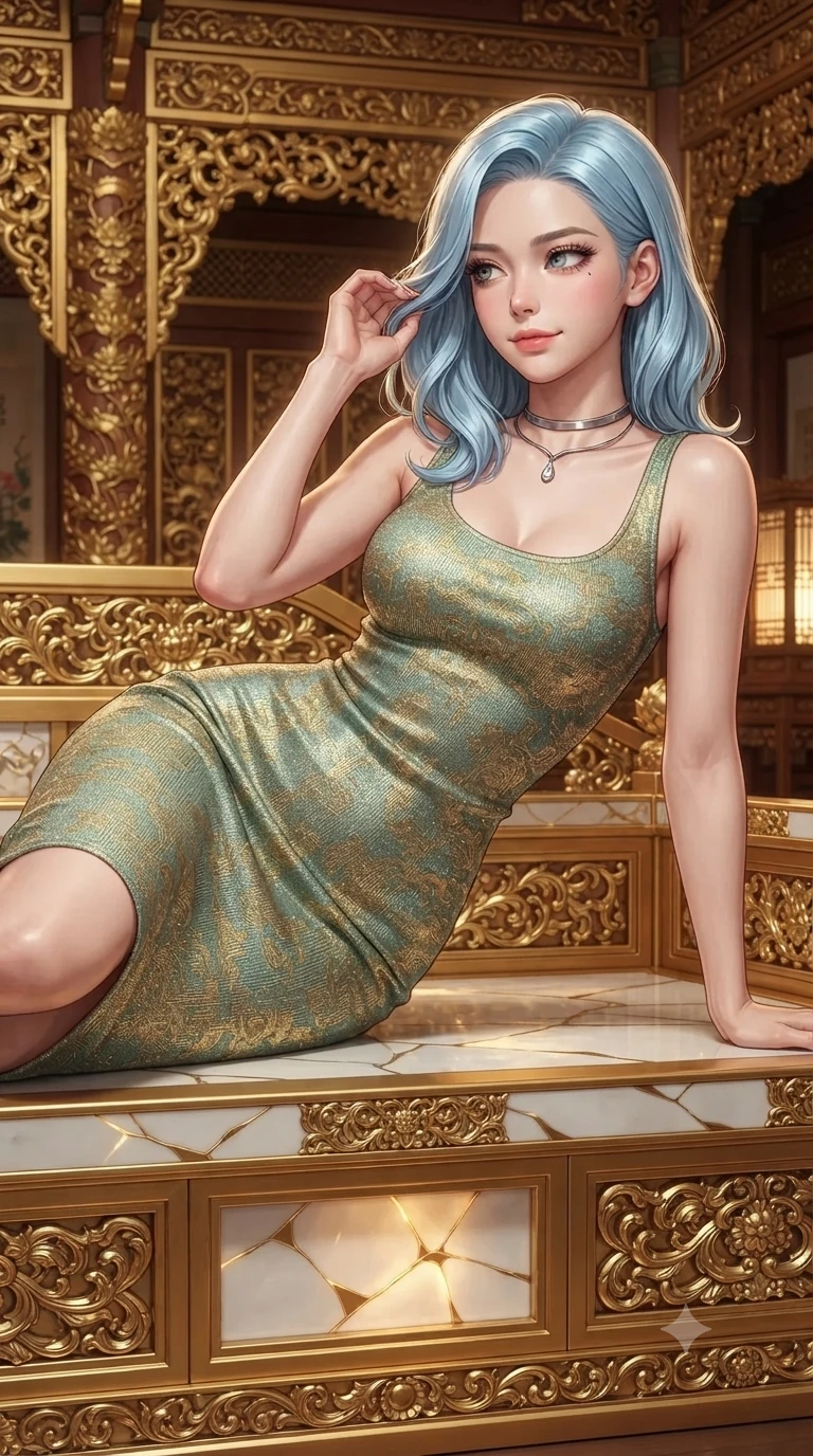 score_9, masterpiece, best quality, ultra-detailed, high-budget anime keyframe, editorial fashion photography, tasteful artistic composition, Korean woman. close-up cowboy shot from the waist and thighs up, the character dominates the composition, filling the frame with her large presence. gently brushing a lock of hair behind her ear while casting a playful, flirtatious side-gaze with long eyelashes while lounging gracefully across the gilded lotus dais propped on one elbow with legs extended, displaying her long slender limbs and statuesque hourglass silhouette against the celestial porcelain matrix. The surrounding environment is rendered in vivid detail and crisp panoramic clarity: sharp hand-carved gold filigree altar corbels, glossy porcelain fracture bevels, and crisp liquid gold droplet speculars in deep focus. She has an exceptionally elegant, slender, and willowy female figure with an ultra-slim waist, flat toned midriff, narrow ribcage, and sculpted feminine hips creating an alluring, slim hourglass silhouette without bulk. sharp v-shaped jawline, high-bridge nose, intricate jewel-like sparkling eyes with depth, thick eyelashes, glossy parted lips with a natural peach sheen, bright cheerful beaming smile with an enchanting and coquettish sensual glint, exuding both youthful cute charm and seductive allure, flawlessly proportioned anatomical accuracy, strict slender model proportions, natural body alignment, perfectly sculpted long slender limbs, ultra-slim waistline, clean dynamic posture without body distortion. wearing a body-contouring metallic lurex knit column dress casting radiant starlight shimmer across her flat midriff in celadon jade and antique gold-leaf, woven from stretch metallic lurex jersey casting radiant starlight glints across her curves, finished with a minimalist chrome choker and a single teardrop diamond pendant, the second-skin tailored fabric adhering flawlessly to her sculpted flat midriff and slender torso, emphasizing her long leg lines and perfectly proportioned willowy build. bathed in the majestic warm 2600K inner radiance of golden kintsugi veins mixed with soft ambient temple lantern light. ultra-reflective glossy finish, specular highlights, rich textural contrasts, high-contrast stereoscopic depth, volumetric dynamic lighting, 2k, ultra detail, master piece, 9:16 ratio