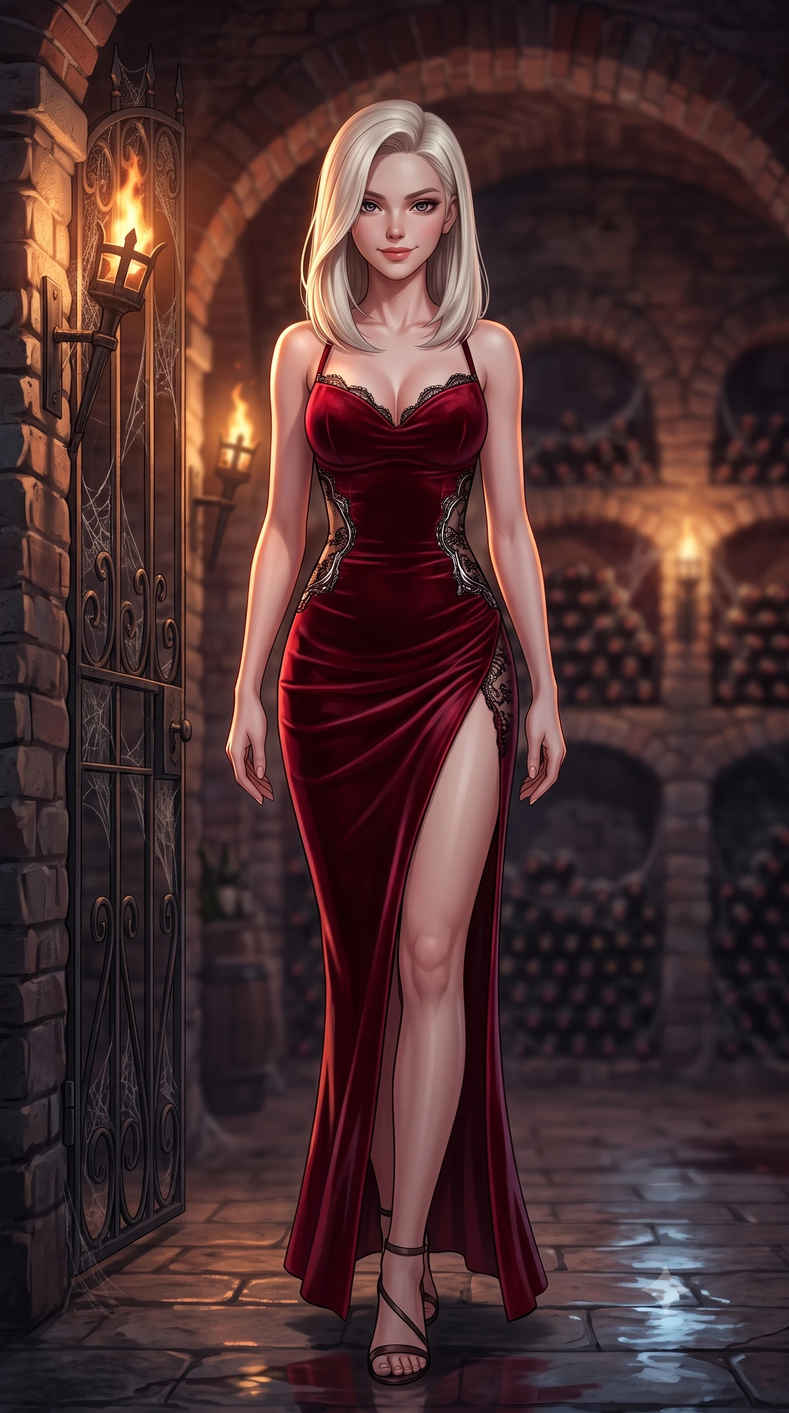 score_9, masterpiece, best quality, ultra-detailed, high-budget anime keyframe, semi-realistic 3D game render, editorial fashion photography, tasteful artistic composition, Caucasian woman. low angle full-body shot from head to toe showing her feet, filling the entire 9:16 vertical frame with her statuesque presence, stretching her vertical silhouette. stepping slowly toward the camera with hypnotic grace, hips swaying in an alluring sensual rhythm that accentuates her curvy hourglass silhouette and long slender legs while twisting her slender torso in an alluring contrapposto pose beside the wrought-iron wine gate, torches casting long shadows across her curves. The background shows a soft-focus rows of cobwebbed wine bottles in stone alcoves, flickering iron wall braziers, and vaulted brick arches blurred into burgundy, bronze, and charcoal bokeh. She has an absolutely perfect, statuesque 8.5-heads proportion, an exceptionally tall and slender model-like female figure with impossibly long slender legs, an ultra-slim waist, a flat toned midriff, narrow delicate ribcage, and beautifully sculpted feminine hips creating a graceful, slim hourglass silhouette without any bulky heaviness. sharp v-shaped jawline, high-bridge nose, sparkling eyes with hypnotic seductive depth, thick curled eyelashes, glossy parted lips with a natural dewy peach sheen, alluring bedroom-eyes with an enchanting coquettish smile, exuding magnetic siren charisma and sophisticated glamour, flawlessly proportioned anatomical accuracy, strict slender model proportions, natural body alignment, perfectly sculpted long slender limbs, ultra-slim waistline, clean dynamic posture without body distortion. wearing a form-contouring deep crimson velvet bodycon gown with a daring hip-high slit and sheer black lace side cutouts in molten liquid silver and midnight charcoal with platinum highlights, crafted from smooth liquid-tight stretch jersey emphasizing every curve of her body, finished with scalloped eyelash lace trim framing her sweetheart neckline with intimate elegance, the liquid-tight tailored fabric clinging flawlessly to her narrow waist and rounded feminine hips, emphasizing every millimeter of her sculpted slim hourglass curves without any bulky heaviness. illuminated by wine puddle specular bounce and sharp warm-amber rim lights sculpting her jawline, flat midriff, and voluptuous hip curves. highly saturated vibrant anime colors, detailed shading with soft gradients, rich glossy textures, high-contrast stereoscopic depth, volumetric dynamic lighting, master piece, 9:16 ratio