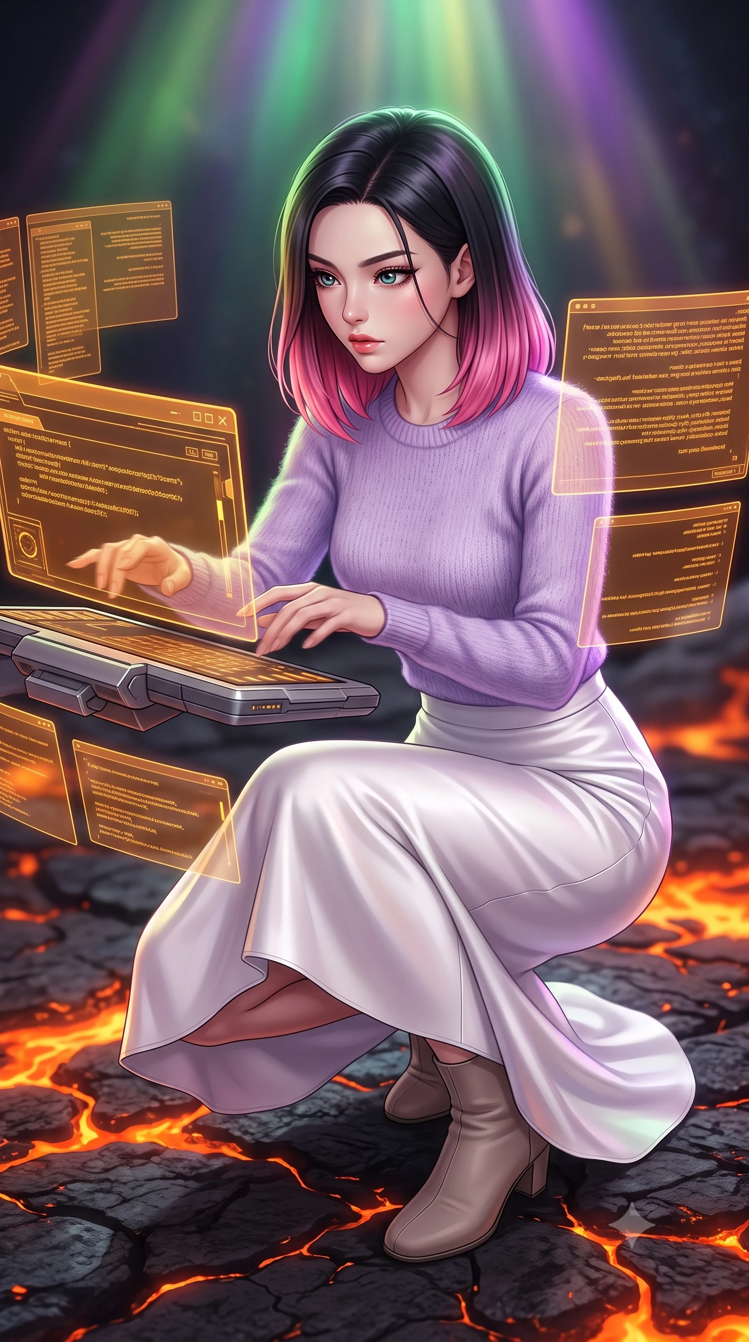score_9, masterpiece, best quality, ultra-detailed, high-budget anime keyframe, editorial fashion photography, tasteful artistic composition, Korean woman. close-up cowboy shot from the waist and thighs up, the character dominates the composition, filling the frame with her large presence, background elements kept in soft focus. Hacking a security terminal in a low crouch, fingers moving in a blur as amber code screens surround her. set against a soft-focus background of the surface of an asteroid heated by a nearby star, rivers of molten iron glowing orange on the dark stone. She has an exceptionally elegant and slender, willowy female figure with an ultra-slim waist, a gracefully sculpted slender torso, and a refined slim physique. sharp v-shaped jawline, high-bridge nose, intricate jewel-like eyes with depth, thick eyelashes, glossy lips with a natural sheen. wearing tailored for maximum mobility, sleek form-contouring panels that allow fluid movement, a slim-fit soft lavender mohair knit sweater paired with a flowing white satin midi skirt and taupe ankle boots. highly saturated vibrant anime colors, intense vivid color palette, soft 3D volumetric shading, volumetric dynamic lighting, illuminated by a shifting aurora palette of green violet and gold from above. 2k, ultra detail, master piece, 9:16 ratio