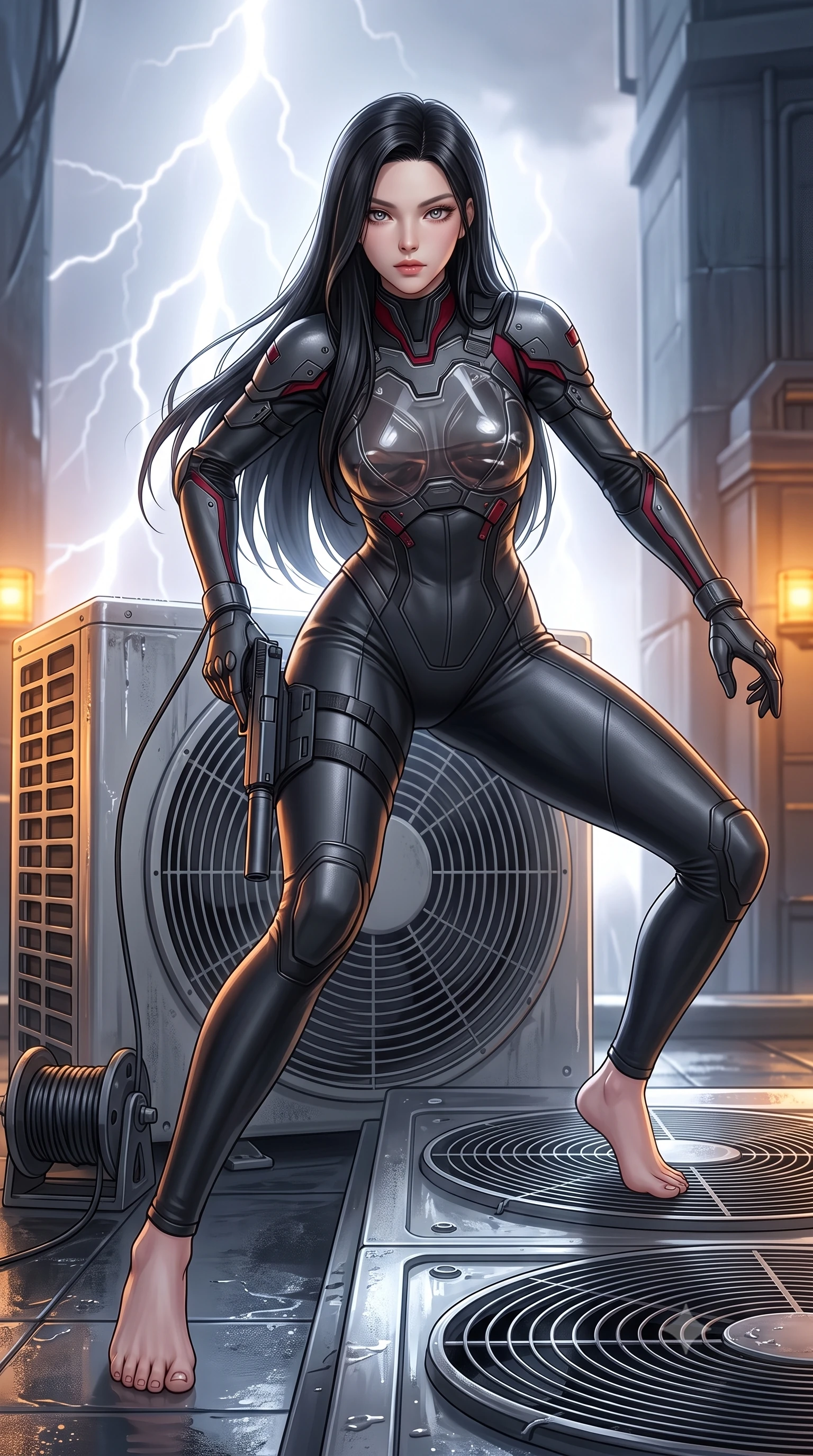 score_9, masterpiece, best quality, ultra-detailed, high-budget anime keyframe, semi-realistic 3D game render, editorial fashion photography, tasteful artistic composition, Korean woman. low angle full-body shot from head to toe showing her feet, filling the entire 9:16 vertical frame with her statuesque presence, stretching her vertical silhouette. landing lightly on the balls of her feet in a balanced kinetic stance, eyes locked onto the camera with fearless allure while drawing her sleek silenced sidearm in a fluid tactical draw while crouching behind an air-conditioning turbine unit. The surrounding environment is rendered in vivid detail and crisp panoramic clarity. detailed turbine exhaust grilles, grappling cable spool mechanisms, and lightning strikes in high clarity. She has an absolutely perfect, statuesque 8.5-heads proportion, an exceptionally tall and slender model-like female figure with impossibly long slender legs, a toned flat midriff, and an ultra-slim waist. sharp v-shaped jawline, high-bridge nose, intricate jewel-like eyes with depth, thick eyelashes, glossy lips with a natural sheen, captivating and magnetic expression, flawlessly proportioned anatomical accuracy, strict slender model proportions, natural body alignment, perfectly sculpted long slender limbs, ultra-slim waistline, clean dynamic posture without body distortion. wearing a sleek tailored stealth catsuit with transparent armor breastplate and tactical shoulder pauldrons in matte graphite and blood-crimson accents, crafted from flexible ballistic matte leather and ultra-sleek stretch neoprene, finished with high-mobility flexible armor joints and magnetic gear clasps, the glove-like aerodynamic second-skin fit tightly clinging to her ultra-slender waist and athletic curves without adding bulk, accentuating her razor-sharp statuesque lines and slim hourglass silhouette. bathed in blinding white storm lightning flash backlighting and warm amber perimeter beacon fill. highly saturated vibrant anime colors, detailed shading with soft gradients, rich glossy textures, high-contrast stereoscopic depth, volumetric dynamic lighting, master piece, 9:16 ratio