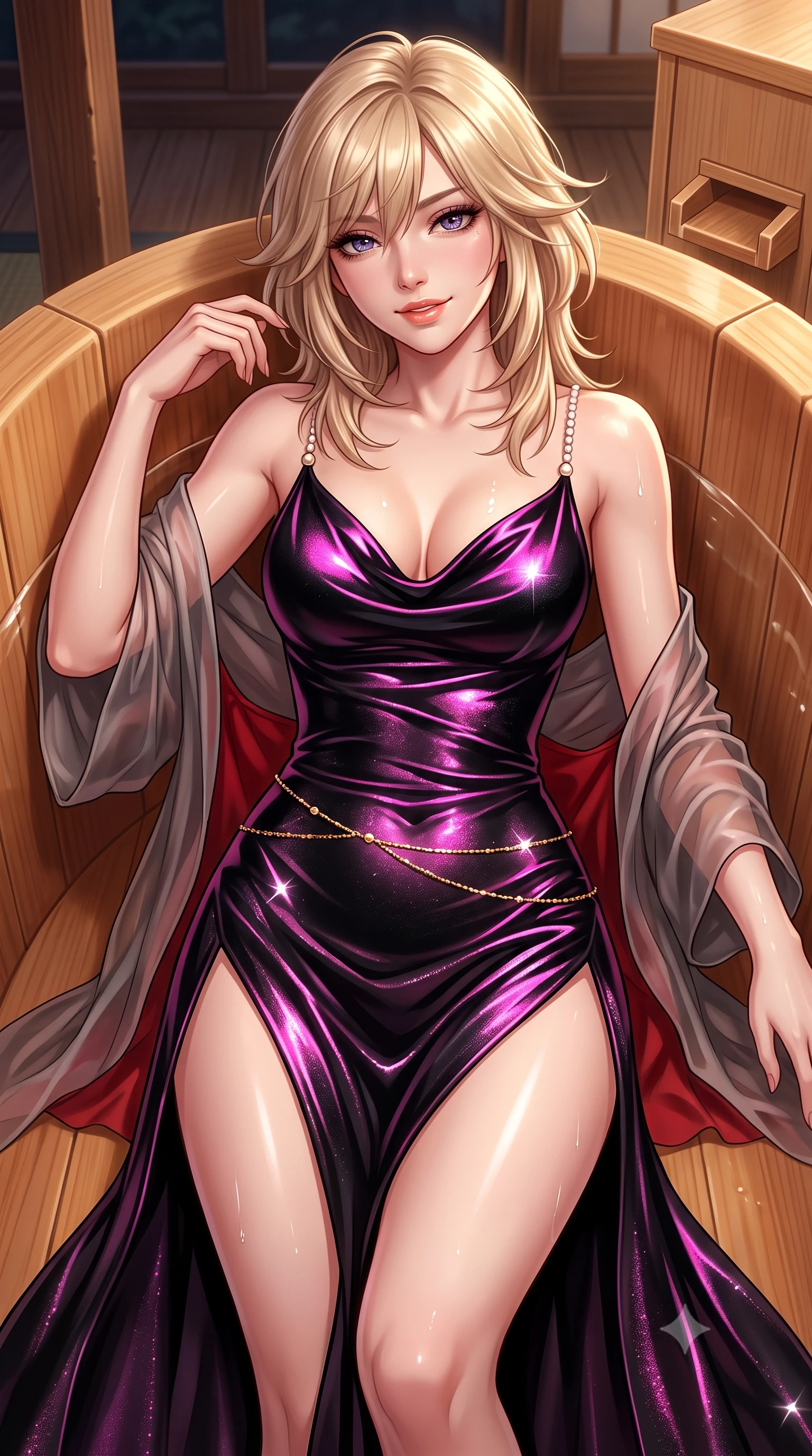 score_9, masterpiece, best quality, ultra-detailed, high-budget anime keyframe, semi-realistic 3D game render, editorial fashion photography, tasteful artistic composition, Japanese woman. close-up cowboy shot from the waist and thighs up, the character dominates the composition, filling the frame with her large presence. turning slowly with an enchanting smoldering smile, her glossy hair tossing in the breeze as her hips angle gracefully in a captivating contrapposto while reclining inside the colossal aromatic Japanese hinoki wood soaking tub, arching her spine with sultry indulgence against the warm cedar rim. The surrounding environment is rendered in vivid detail and crisp panoramic clarity: detailed sheer silk chiffon kimono robe slipping off bare shoulders, red silk camisole cling, and bespoke interior craft in high resolution. She has an exceptionally elegant, slender, and willowy female figure with an ultra-slim waist, flat toned midriff, narrow ribcage, and sculpted feminine hips creating an alluring, slim hourglass silhouette without bulk. sharp v-shaped jawline, high-bridge nose, sparkling eyes with hypnotic seductive depth, thick curled eyelashes, glossy parted lips with a natural dewy peach sheen, alluring bedroom-eyes with an enchanting coquettish smile, exuding magnetic siren charisma and sophisticated glamour, flawlessly proportioned anatomical accuracy, strict slender model proportions, natural body alignment, perfectly sculpted long slender limbs, ultra-slim waistline, clean dynamic posture without body distortion. wearing a plunging cowl-neck liquid silk satin slip gown with daring hip-high slit and delicate pearl spaghetti straps in wet-look onyx black with electric magenta reflections, woven from stretch metallic lurex jersey casting radiant starlight glints across her silhouette, accented with a dainty gold belly chain resting across her flat midriff and curving hips, the second-skin tailored fabric adhering flawlessly to her sculpted flat midriff and slender torso, emphasizing her long leg lines and perfectly proportioned willowy build. illuminated by wet glass reflections and sharp champagne-gold rim lights defining her delicate clavicles, ultra-slim waist, and curvy hips. highly saturated vibrant anime colors, detailed shading with soft gradients, rich glossy textures, high-contrast stereoscopic depth, volumetric dynamic lighting, master piece, 9:16 ratio