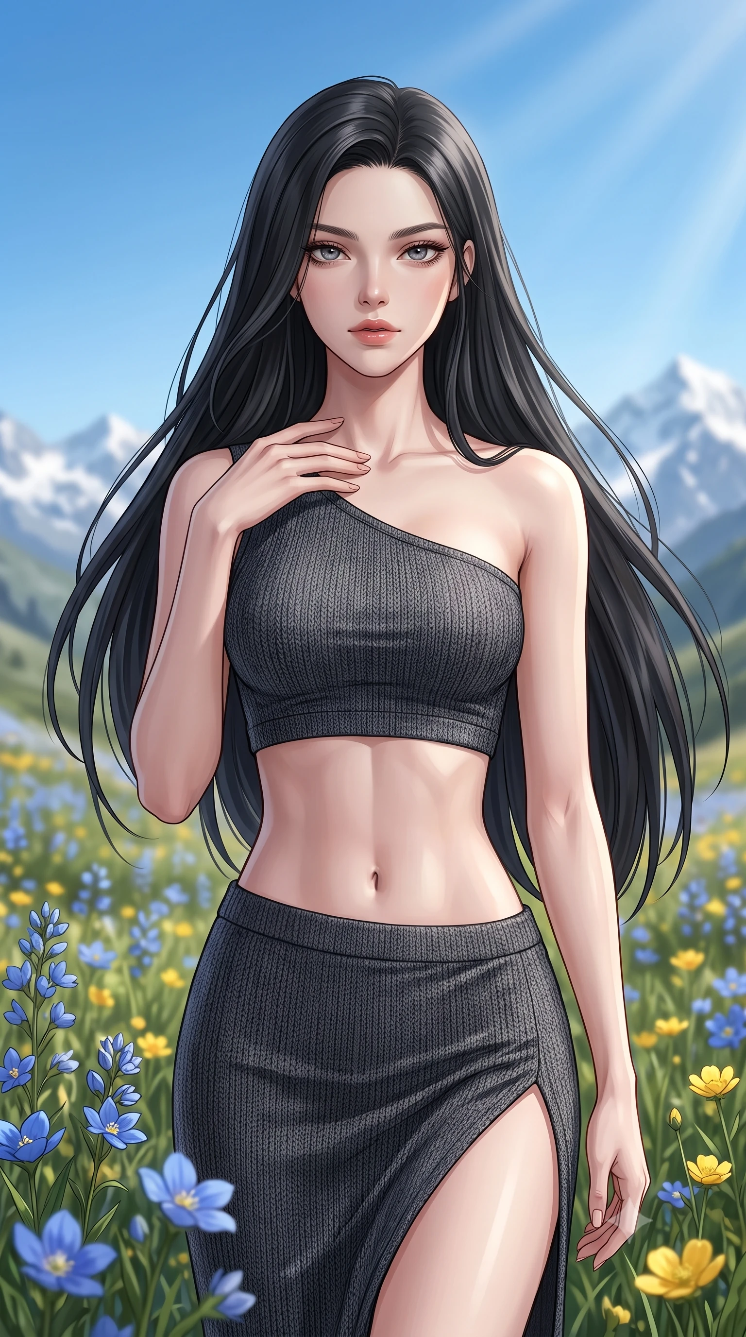 score_9, masterpiece, best quality, ultra-detailed, high-budget anime keyframe, editorial fashion photography, tasteful artistic composition, Korean woman woman. close-up cowboy shot from the waist and thighs up, the character dominates the composition, filling the frame with her large presence, background elements kept in soft focus. standing with one hand resting on her collarbone, looking at the viewer with bedroom-eyes the background shows a soft-focus a high mountain meadow filled with rare blue and yellow flowers under a crisp blue sky. She has an exceptionally elegant, slender, and willowy female figure with an ultra-slim waist, a gracefully sculpted slender torso, and a refined silhouette. sharp v-shaped jawline, high-bridge nose, intricate jewel-like eyes with depth, thick eyelashes, glossy lips with a natural sheen. wearing a slim-fit asymmetric one-shoulder crop top in charcoal knit, paired with a high-slit skirt. bright, clear high-altitude sunbeams highlighting the fresh air and snow peaks. 2k, ultra detail, master piece, 9:16 ratio