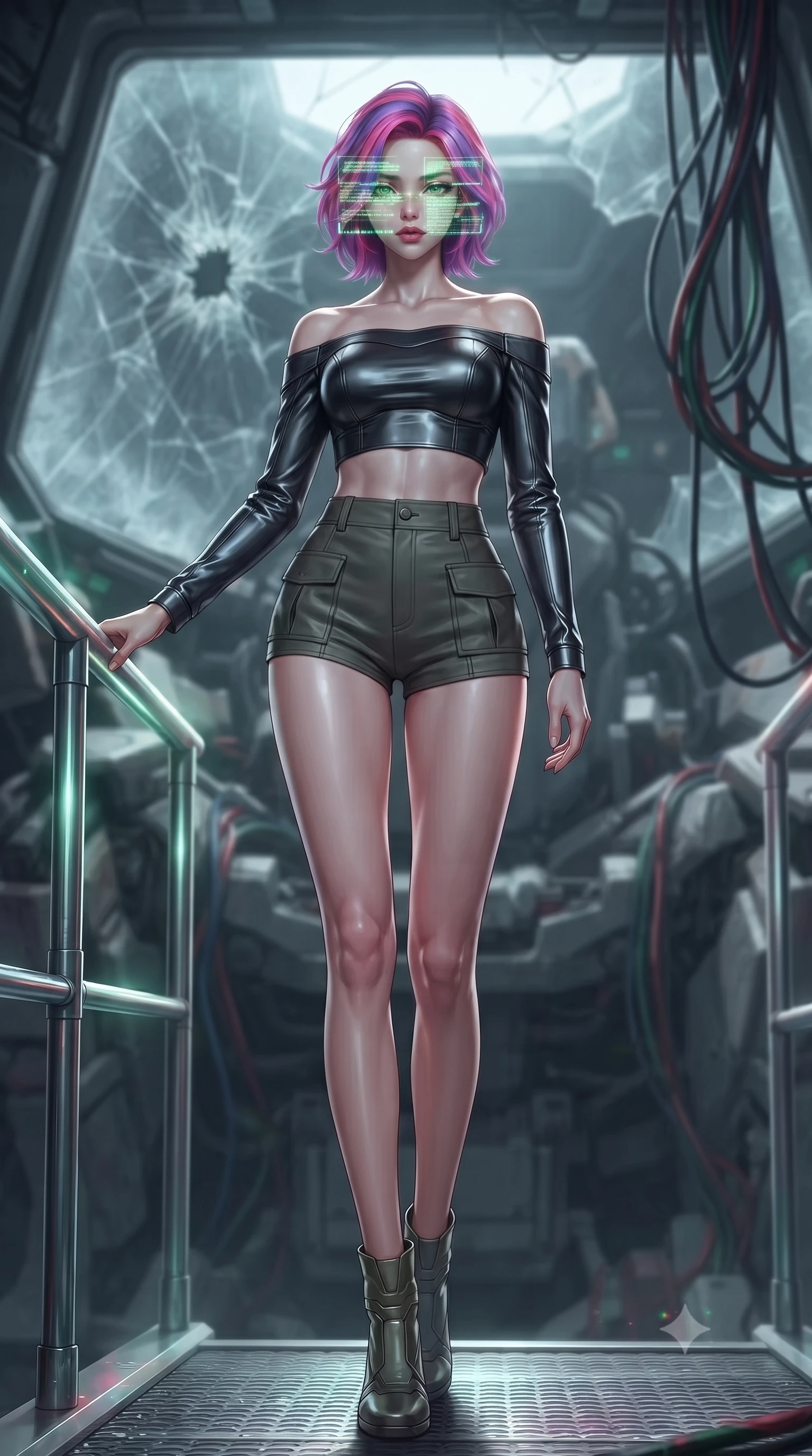 score_9, masterpiece, best quality, ultra-detailed, high-budget anime keyframe, editorial fashion photography, tasteful artistic composition, Caucasian woman. low angle full-body shot from head to toe showing her feet, filling the entire 9:16 vertical frame with her statuesque presence, stretching her vertical silhouette. standing in a tall, confident posture with one hand on a glowing metal railing, stretching her statuesque body, the background shows a soft-focus the cockpit of a crashed colossal mech with cracked glass and exposed wire bundles. She has an absolutely perfect, statuesque 8.5-heads proportion, an exceptionally tall and slender model-like female figure with impossibly long slender legs and an ultra-slim waist. sharp v-shaped jawline, high-bridge nose, intricate jewel-like eyes with depth, thick eyelashes, glossy lips with a natural sheen. wearing a tailored chic off-shoulder carbon-plate crop top, paired with high-waisted utility micro-shorts. flickering green cockpit telemetry lights projecting code lines on her face. ultra-reflective glossy finish, specular highlights, metallic sheen, high-contrast stereoscopic depth, volumetric dynamic lighting, 2k, ultra detail, master piece, 9:16 ratio