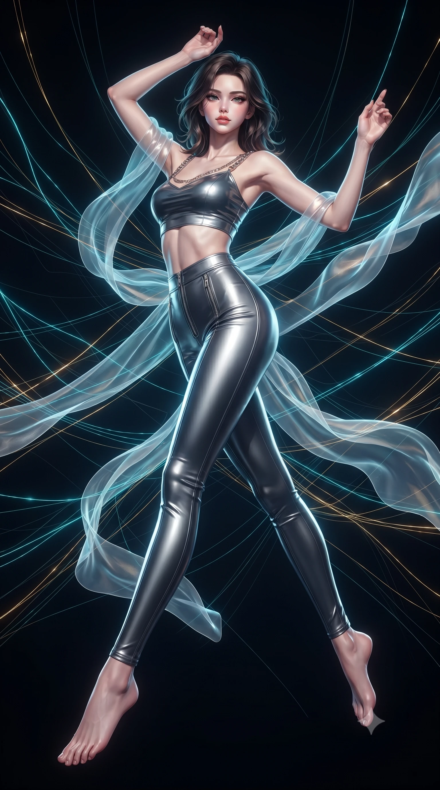 score_9, masterpiece, best quality, ultra-detailed, high-budget anime keyframe, editorial fashion photography, tasteful artistic composition, Korean woman. low angle full-body shot from head to toe showing her feet, filling the entire 9:16 vertical frame with her statuesque presence, stretching her vertical silhouette. leaping gracefully through the environment with statuesque elegance and long slender legs standing in a dark void woven with thousands of cyan and gold light threads, translucent silk ribbons swirling around her body like light streams. She has an absolutely perfect, statuesque 8.5-heads proportion, an exceptionally tall and slender model-like female figure with impossibly long slender legs and an ultra-slim waist. sharp v-shaped jawline, high-bridge nose, intricate jewel-like eyes with depth, thick eyelashes, glossy lips with a natural sheen. wearing a glossy vinyl crop top and high-waist tailored leggings with sleek zippers in matte black and polished silver, crafted from lustrous satin jersey with fluid draping, adorned with delicate metallic chain straps along the neckline, the tailored fabric tightly following every curve of her athletic build. surrounded by a vibrant fluorescent aura with bright rim highlights. ultra-reflective glossy finish, specular highlights, metallic sheen, high-contrast stereoscopic depth, volumetric dynamic lighting, 2k, ultra detail, master piece, 9:16 ratio