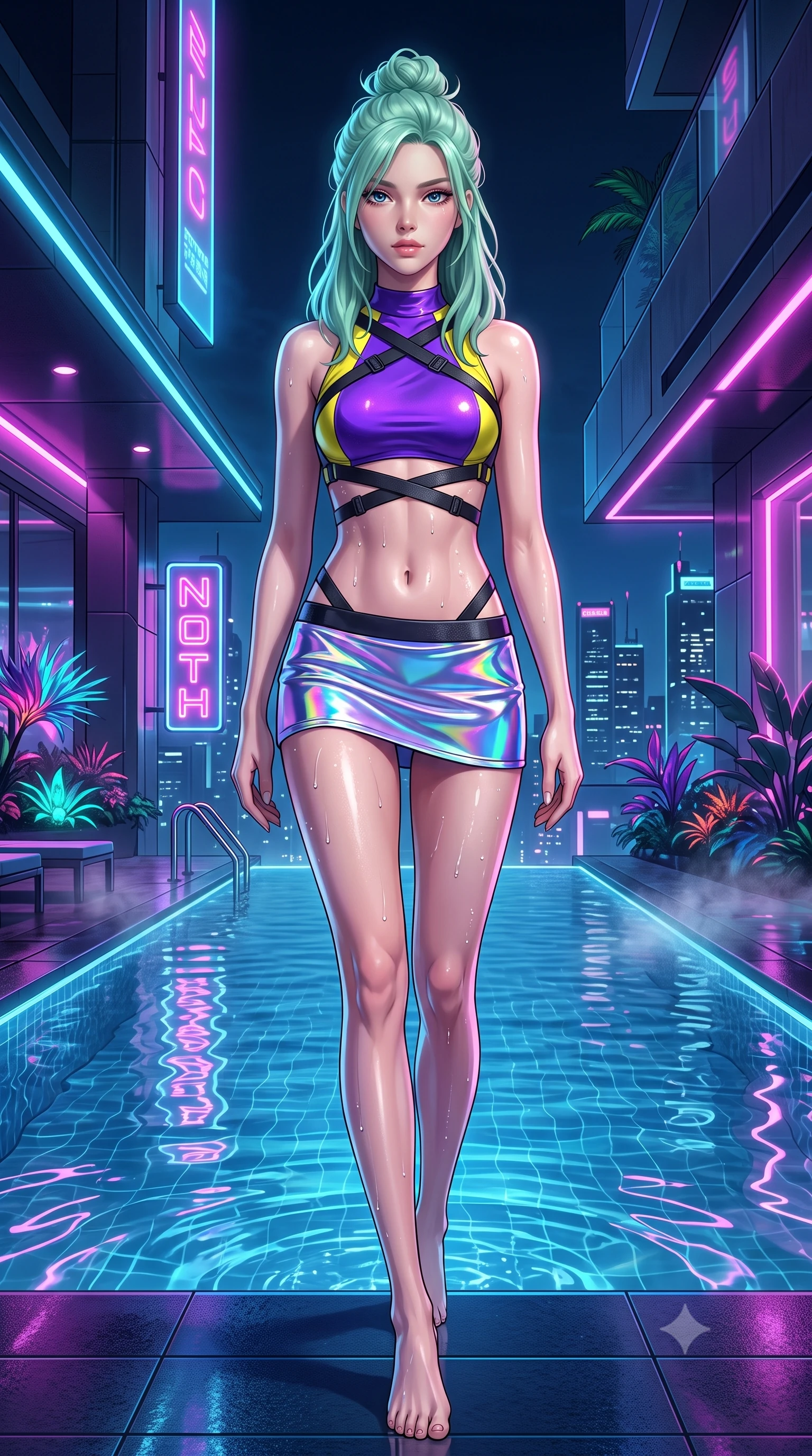 score_9, masterpiece, best quality, ultra-detailed, high-budget anime keyframe, semi-realistic 3D game render, editorial fashion photography, tasteful artistic composition, Japanese woman. low angle full-body shot from head to toe showing her feet, filling the entire 9:16 vertical frame with her statuesque presence, stretching her vertical silhouette. striding forward in a proud supermodel runway stride, hips swaying in an alluring kinetic rhythm that accentuates her curvy hourglass silhouette while pulling herself lightly out of the pool onto the tiled ledge, water droplets glistening on her sculpted glutes and toned midriff. The surrounding environment is rendered in vivid detail and crisp panoramic clarity. high-contrast cyber-resort chiaroscuro and atmospheric midnight pool nightlife rendered in precision. She has an absolutely perfect, statuesque 8.5-heads proportion, an exceptionally tall and slender model-like female figure with impossibly long slender legs, a toned flat midriff, an ultra-slim waist, and beautifully sculpted feminine hips. sharp v-shaped jawline, high-bridge nose, intricate jewel-like eyes with depth, thick eyelashes, glossy parted lips with a natural sheen, intensely captivating and seductive bedroom-eyes expression, flawlessly proportioned anatomical accuracy, strict slender model proportions, natural body alignment, perfectly sculpted long slender limbs, ultra-slim waistline, clean dynamic posture without body distortion. wearing a low-rise holographic micro-skirt paired with an aerodynamic crop halter top in toxic ultraviolet purple and hazard yellow accents, crafted from flexible reflective spandex and tactical webbing, accented with criss-cross back harness straps framing her bare spine, the form-contouring material adhering flawlessly to her sculpted flat midriff and slender torso, emphasizing her long leg lines and perfectly proportioned willowy build. surrounded by an electrifying, hypnotic, and irresistibly provocative nightlife goddess aura. highly saturated vibrant anime colors, detailed shading with soft gradients, rich glossy textures, high-contrast stereoscopic depth, volumetric dynamic lighting, master piece, 9:16 ratio