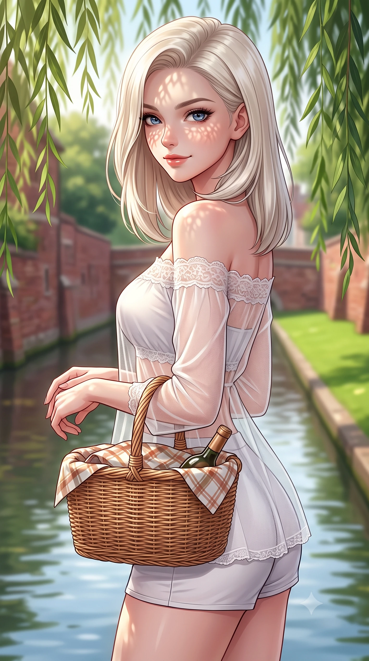 score_9, masterpiece, best quality, ultra-detailed, high-budget anime keyframe, editorial fashion photography, tasteful artistic composition, Caucasian woman. close-up cowboy shot from the waist and thighs up, the character dominates the composition, filling the frame with her large presence, background elements kept in soft focus. smiling with a playful and cute half-smile, glancing sidelong over her shoulder set against a soft-focus background of next to a calm river canal with historic brick walls and green lawns holding a woven picnic basket with a bright, cheerful expression. She has an exceptionally elegant, slender, and willowy female figure with an ultra-slim waist, a gracefully sculpted slender torso, and a refined silhouette. sharp v-shaped jawline, high-bridge nose, intricate jewel-like eyes with depth, thick eyelashes, glossy lips with a natural sheen. wearing form-contouring delicate lace-trim off-shoulder blouse paired with a sheer mesh overlay and form-contouring mini shorts. dappled sunlight filtering through the weeping willow leaves onto her face. highly saturated vibrant anime colors, detailed shading with soft gradients, rich glossy textures, high-contrast stereoscopic depth, volumetric dynamic lighting, master piece, 9:16 ratio