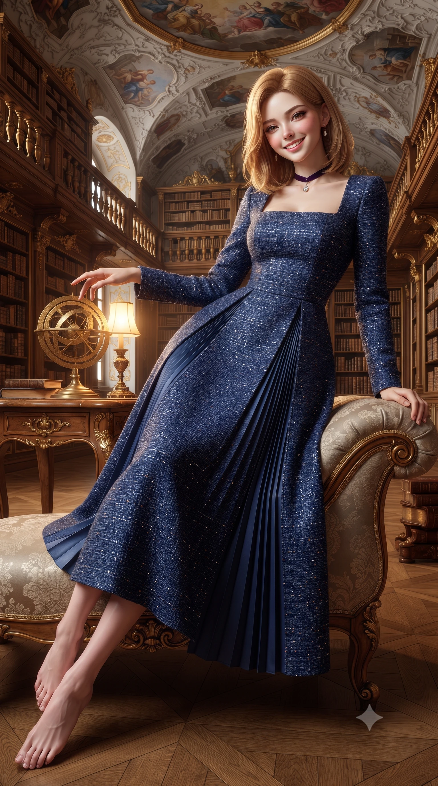 score_9, masterpiece, best quality, ultra-detailed, high-budget anime keyframe, editorial fashion photography, tasteful artistic composition, Korean woman. low angle full-body shot from head to toe showing her feet, filling the entire 9:16 vertical frame with her statuesque presence, stretching her vertical silhouette. reclining gracefully across the plush chaise lounge with one leg extended, her sculpted silhouette and flat midriff radiating magnetic nocturnal glamour while twisting her slender torso in an alluring S-curve beside the brass astrolabe, warm library desk sconce light tracing her curves and flat midriff. The surrounding environment is rendered in vivid detail and crisp panoramic clarity: detailed outfit texture, fine fabric drape, and historic Jesuit Baroque craft in high resolution. She has an exceptionally tall and slender model-like 8.5-heads proportion, an ultra-slim waist, a flat toned midriff, narrow delicate ribcage, and beautifully sculpted feminine hips creating a graceful, slim hourglass silhouette without any bulky heaviness, with impossibly long slender legs. sharp v-shaped jawline, high-bridge nose, intricate jewel-like sparkling eyes with depth, thick eyelashes, glossy parted lips with a natural peach sheen, bright cheerful beaming smile with an enchanting and coquettish sensual glint, exuding both youthful cute charm and seductive allure, flawlessly proportioned anatomical accuracy, strict slender model proportions, natural body alignment, perfectly sculpted long slender limbs, ultra-slim waistline, clean dynamic posture without body distortion. wearing a classical Prague empire-line pleated moiré evening gown with modest square neckline in Vltava misty twilight cobalt and polished brass, woven from structured British tweed with subtle metallic flecks, finished with a thin velvet ribbon choker and a single teardrop diamond pendant, the impeccably tailored cut draping gracefully along her slender figure with aristocratic poise. illuminated by polished wood reflection fill and sharp honey-gold rim lights defining her razor-sharp jawline, narrow waist, and curvy hips. ultra-reflective glossy finish, specular highlights, rich textural contrasts, high-contrast stereoscopic depth, volumetric dynamic lighting, 2k, ultra detail, master piece, 9:16 ratio