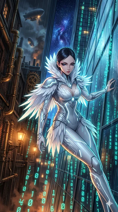 score_9, masterpiece, best quality, ultra-detailed, Set A: High-budget Anime Keyframe, Japanese woman. Upper body close-up from the thighs up, character filling the screen for maximum presence. Theme: Primal Nature. sliding down a glass skyscraper in