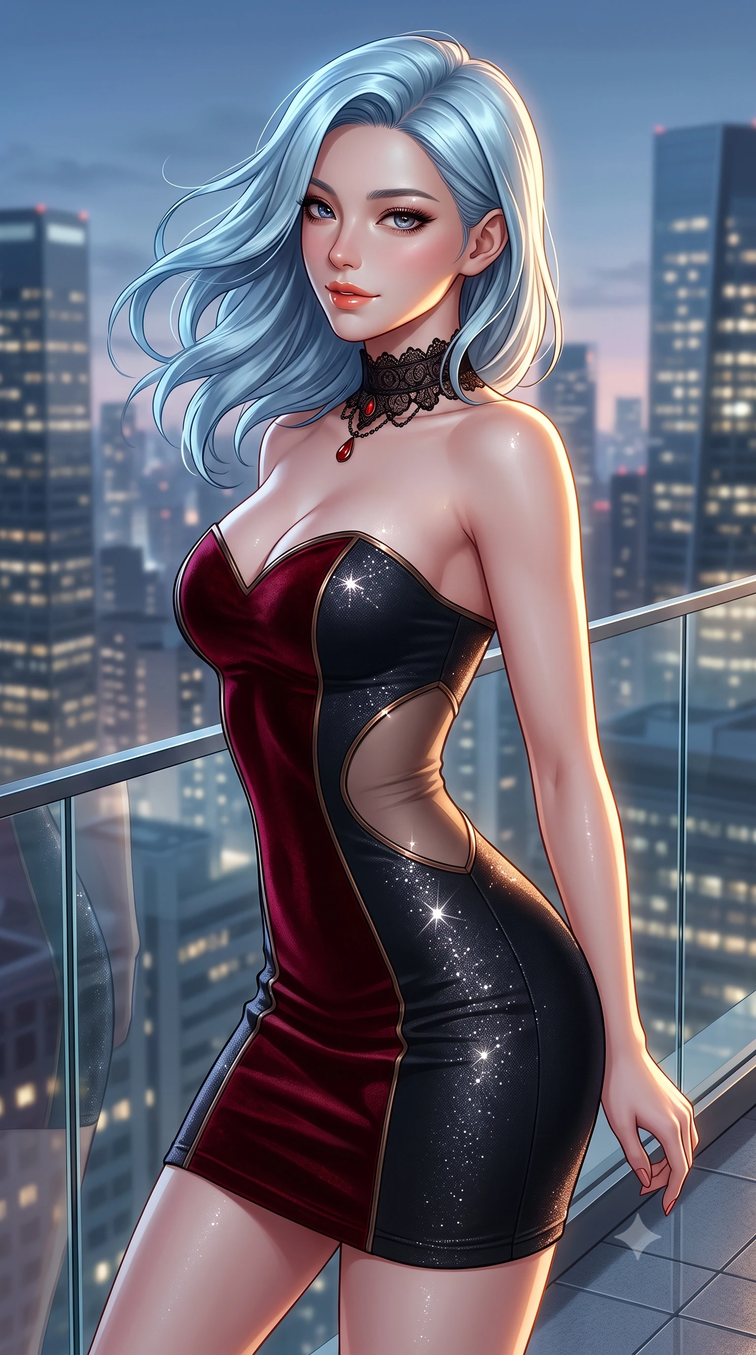 score_9, masterpiece, best quality, ultra-detailed, high-budget anime keyframe, semi-realistic 3D game render, editorial fashion photography, tasteful artistic composition, Korean woman. close-up cowboy shot from the waist and thighs up, the character dominates the composition, filling the frame with her large presence. turning slowly with an enchanting smoldering smile, her glossy hair tossing in the breeze as her hips angle gracefully in a captivating contrapposto while leaning against the glass perimeter wall with hips cocked back, looking over a bare shoulder toward glittering modernist high-rises. The background shows a soft-focus city skyline horizons softened in breezy metropolitan rooftop shallow focus. She has an exceptionally elegant, slender, and willowy female figure with an ultra-slim waist, flat toned midriff, narrow ribcage, and sculpted feminine hips creating an alluring, slim hourglass silhouette without bulk. sharp v-shaped jawline, high-bridge nose, sparkling eyes with hypnotic seductive depth, thick curled eyelashes, glossy parted lips with a natural dewy peach sheen, alluring bedroom-eyes with an enchanting coquettish smile, exuding magnetic siren charisma and sophisticated glamour, flawlessly proportioned anatomical accuracy, strict slender model proportions, natural body alignment, perfectly sculpted long slender limbs, ultra-slim waistline, clean dynamic posture without body distortion. wearing a deep sweetheart-neckline matte-black bodycon dress with sheer side-torso cutouts accentuating her hourglass curves in deep blood-red velvet and midnight obsidian black with antique bronze trims, woven from stretch metallic lurex jersey casting radiant starlight glints across her silhouette, accented with an ornate black lace Victorian choker featuring a single blood-red teardrop garnet, the precision-cut side openings and low-back scoop framing her graceful spine and the sensual sweep of her slim, toned hips. illuminated by glass balustrade reflections and sharp warm-gold rim lights defining her razor-sharp jawline, narrow waist, and curvy hips. highly saturated vibrant anime colors, detailed shading with soft gradients, rich glossy textures, high-contrast stereoscopic depth, volumetric dynamic lighting, master piece, 9:16 ratio