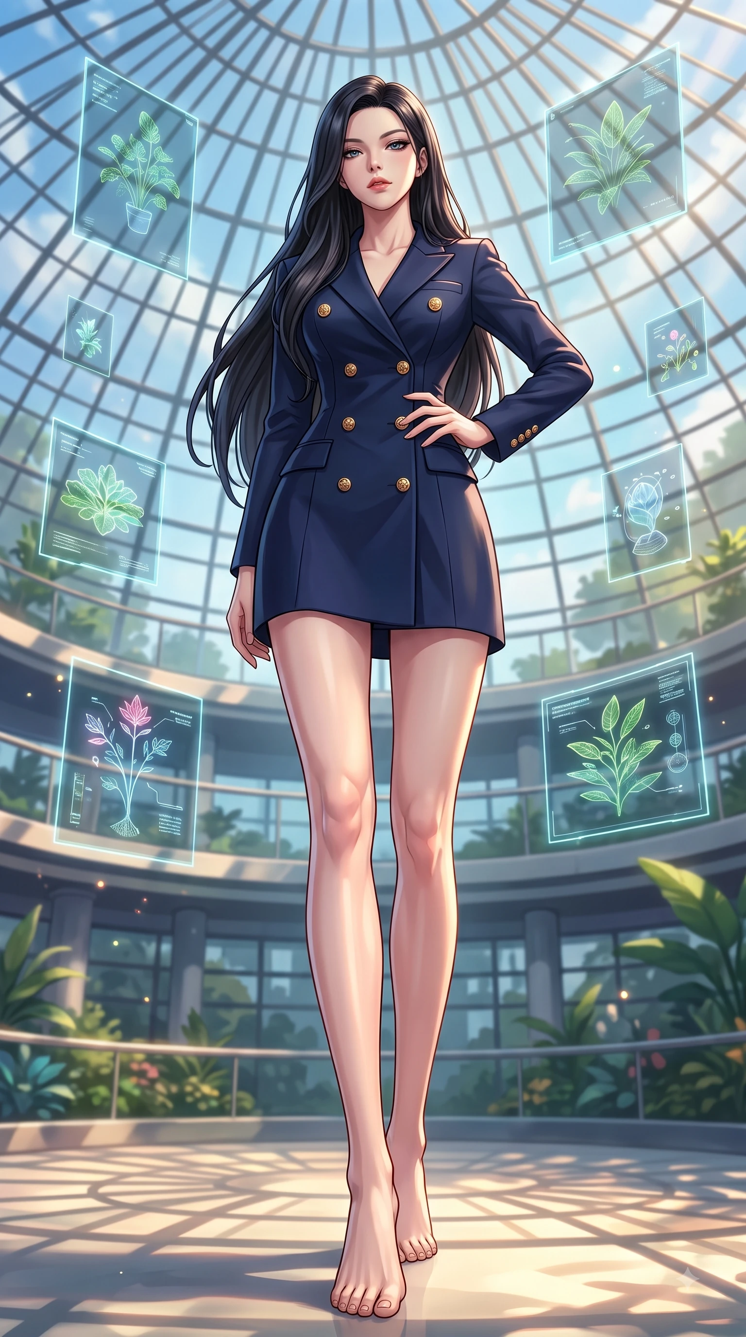 score_9, masterpiece, best quality, ultra-detailed, high-budget anime keyframe, editorial fashion photography, tasteful artistic composition, Korean woman woman. low angle full-body shot from head to toe showing her feet, filling the entire 9:16 vertical frame with her statuesque presence, stretching her vertical silhouette. She has an absolutely perfect, statuesque 8.5-heads proportion, an exceptionally tall and slender model-like female figure with impossibly long slender legs and an ultra-slim waist. standing victorious in a commanding statuesque pose, filling the frame with her slender presence, flawlessly proportioned anatomical accuracy, natural body alignment, perfectly sculpted elegant limbs, clean dynamic posture without body distortion. set against a soft-focus background of a futuristic botanical pavilion with floating hologram plants. wearing a sophisticated navy double-breasted blazer dress with gold button accents. bathed in dappled morning sunlight filtering through glass roof grid structures. highly saturated vibrant anime colors, detailed shading with soft gradients, rich glossy textures, high-contrast stereoscopic depth, volumetric dynamic lighting, master piece, 9:16 ratio
