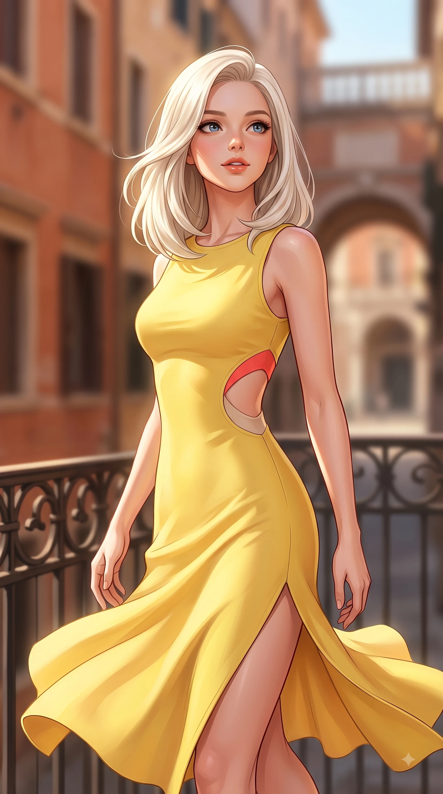 score_9, masterpiece, best quality, ultra-detailed, high-budget anime keyframe, editorial fashion photography, tasteful artistic composition, Caucasian woman. close-up cowboy shot from the waist and thighs up, the character dominates the composition, filling the frame with her large presence. Radiant anticipation in her face, glowing with hopeful curiosity and warm expectant energy while pivoting dynamically near a sunlit wrought-iron balcony as a warm afternoon breeze billows her outfit. The composition keeps background elements in soft focus with dreamy bokeh. terracotta building facades and distant archways blurred into creamy golden background bokeh. She has an exceptionally elegant, slender, and willowy female figure with an ultra-slim waist, a gracefully sculpted slender torso, and a refined silhouette. sharp v-shaped jawline, high-bridge nose, intricate jewel-like eyes with depth, thick eyelashes, glossy lips with a natural sheen, flawlessly proportioned anatomical accuracy, natural body alignment, perfectly sculpted elegant limbs, clean dynamic posture without body distortion. wearing a sleek daffodil yellow sleeveless knit midi dress with subtle side cutouts in vibrant coral red and soft beige, tailored from structured wool crepe with clean lines, finished with a sleek side slit ascending to mid-thigh, the chic fashion cut framing her graceful clavicle and slender torso. surrounded by a sophisticated, cinematic, and timeless European editorial aura. highly saturated vibrant anime colors, detailed shading with soft gradients, rich glossy textures, high-contrast stereoscopic depth, volumetric dynamic lighting, master piece, 9:16 ratio