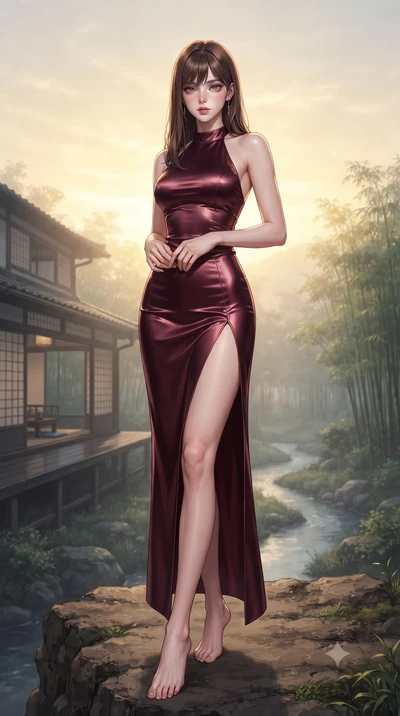 score_9, masterpiece, best quality, ultra-detailed, high-budget anime keyframe, editorial fashion photography, tasteful artistic composition, Korean woman woman. low angle full-body shot from head to toe showing her feet, filling the entire 9:16 vert