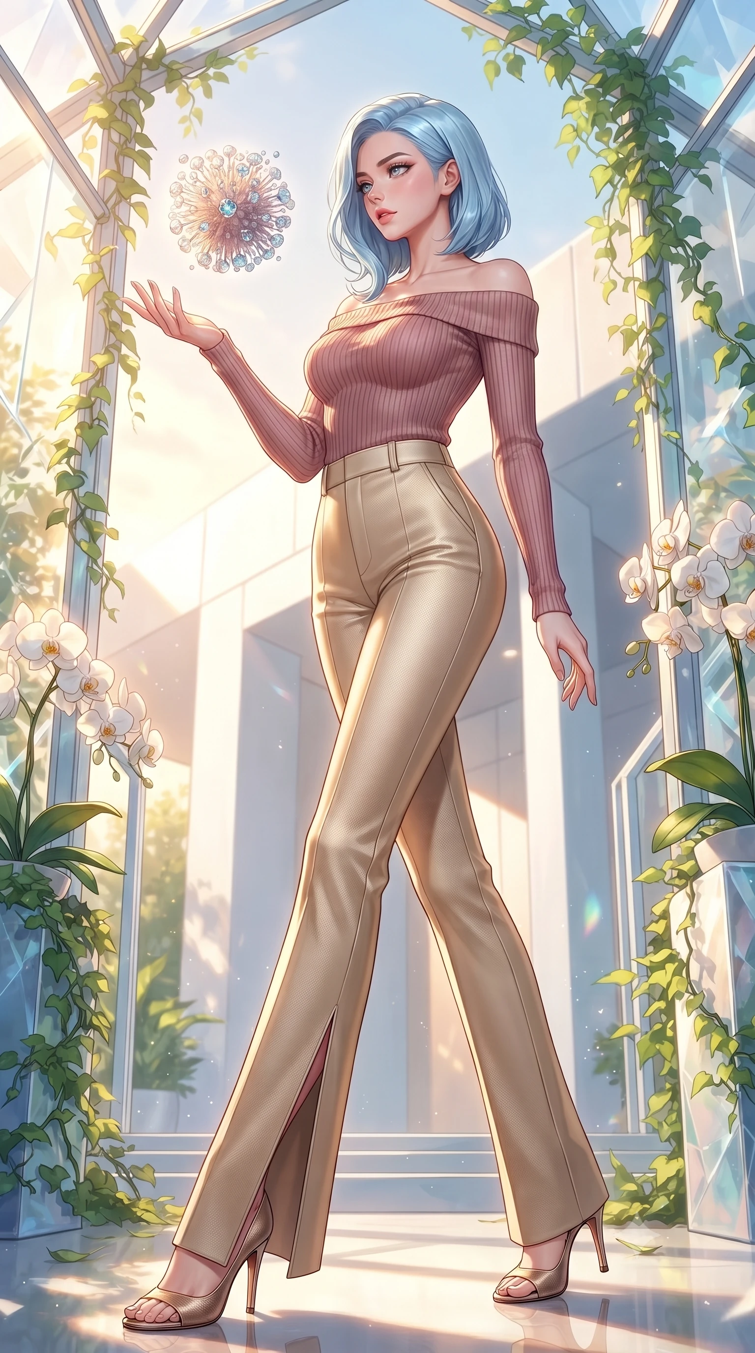 score_9, masterpiece, best quality, ultra-detailed, high-budget anime keyframe, editorial fashion photography, tasteful artistic composition, Korean woman. low angle full-body shot from head to toe showing her feet, filling the entire 9:16 vertical frame with her statuesque presence, stretching her vertical silhouette. interacting gracefully with the magical floating elements while maintaining a confident posture interacting with a floating biomorphic pollen orb in a sunlit sanctuary, lush green vines and white orchids framing the bright architectural backdrop. She has an absolutely perfect, statuesque 8.5-heads proportion, an exceptionally tall and slender model-like female figure with impossibly long slender legs and an ultra-slim waist. sharp v-shaped jawline, high-bridge nose, intricate jewel-like eyes with depth, thick eyelashes, glossy lips with a natural sheen. wearing a sleek off-shoulder ribbed knit top paired with high-waist tailored pants in dusty rose and champagne gold, made of fine carbon-fiber weave and soft matte leather, finished with a sleek side slit ascending to mid-thigh, the form-contouring material highlighting her ultra-slim waist and long lines. lit by warm golden-hour rays cascading through crystalline glass panes. highly saturated vibrant anime colors, detailed shading with soft gradients, rich glossy textures, high-contrast stereoscopic depth, volumetric dynamic lighting, master piece, 9:16 ratio