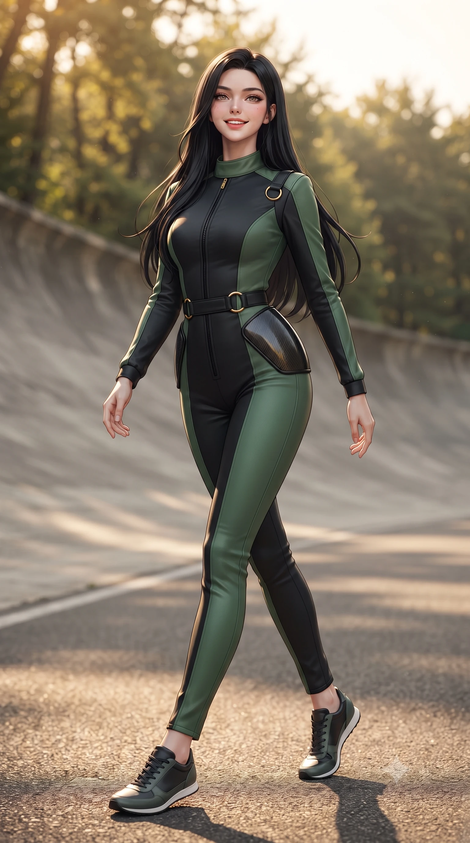 score_9, masterpiece, best quality, ultra-detailed, high-budget anime keyframe, editorial fashion photography, tasteful artistic composition, Korean woman. low angle full-body shot from head to toe showing her feet, filling the entire 9:16 vertical frame with her statuesque presence, stretching her vertical silhouette. stepping forward gracefully across the paddock tarmac in mid-motion with a radiant beaming smile, hips swaying in an alluring kinetic rhythm that accentuates her curvy hourglass silhouette and long slender legs while twisting her slender torso in an alluring S-curve on the dramatic incline, ancient park trees and autumn leaves framing her hourglass curves. The background shows a soft-focus the colossal curving concrete banking disappearing into ancient oak and pine forests of Parco di Monza blurred into olive, slate, and amber bokeh. She has an absolutely perfect, statuesque 8.5-heads proportion, an exceptionally tall and slender model-like female figure with impossibly long slender legs, an ultra-slim waist, a flat toned midriff, narrow delicate ribcage, and beautifully sculpted feminine hips creating a graceful, slim hourglass silhouette without any bulky heaviness. sharp v-shaped jawline, high-bridge nose, sparkling eyes with athletic focus and depth, thick curled eyelashes, glossy parted lips with a natural coral-peach sheen, bright confident and coquettish smile with alluring bedroom-eyes, exuding both youthful sporty vigor and sovereign high-society glamour, flawlessly proportioned anatomical accuracy, strict slender model proportions, natural body alignment, perfectly sculpted long slender limbs, ultra-slim waistline, clean dynamic posture without body distortion. wearing a high-performance speeder racing suit in matte black and Wimbledon green with gold hardware rings in dual-tone high-contrast racing monochrome, tailored from ultra-soft fine cashmere yarn with an airy athletic drape, accented with sleek aerodynamic carbon-fiber hip pads framing her narrow waist, the high-waisted wrap tailoring accentuating her ultra-slim waistline and the enchanting curve of her feminine hips with alluring sporty charm. bathed in warm Italian autumn golden hour sunlight filtering through grand royal park trees. ultra-reflective glossy finish, specular highlights, rich textural contrasts, high-contrast stereoscopic depth, volumetric dynamic lighting, 2k, ultra detail, master piece, 9:16 ratio
