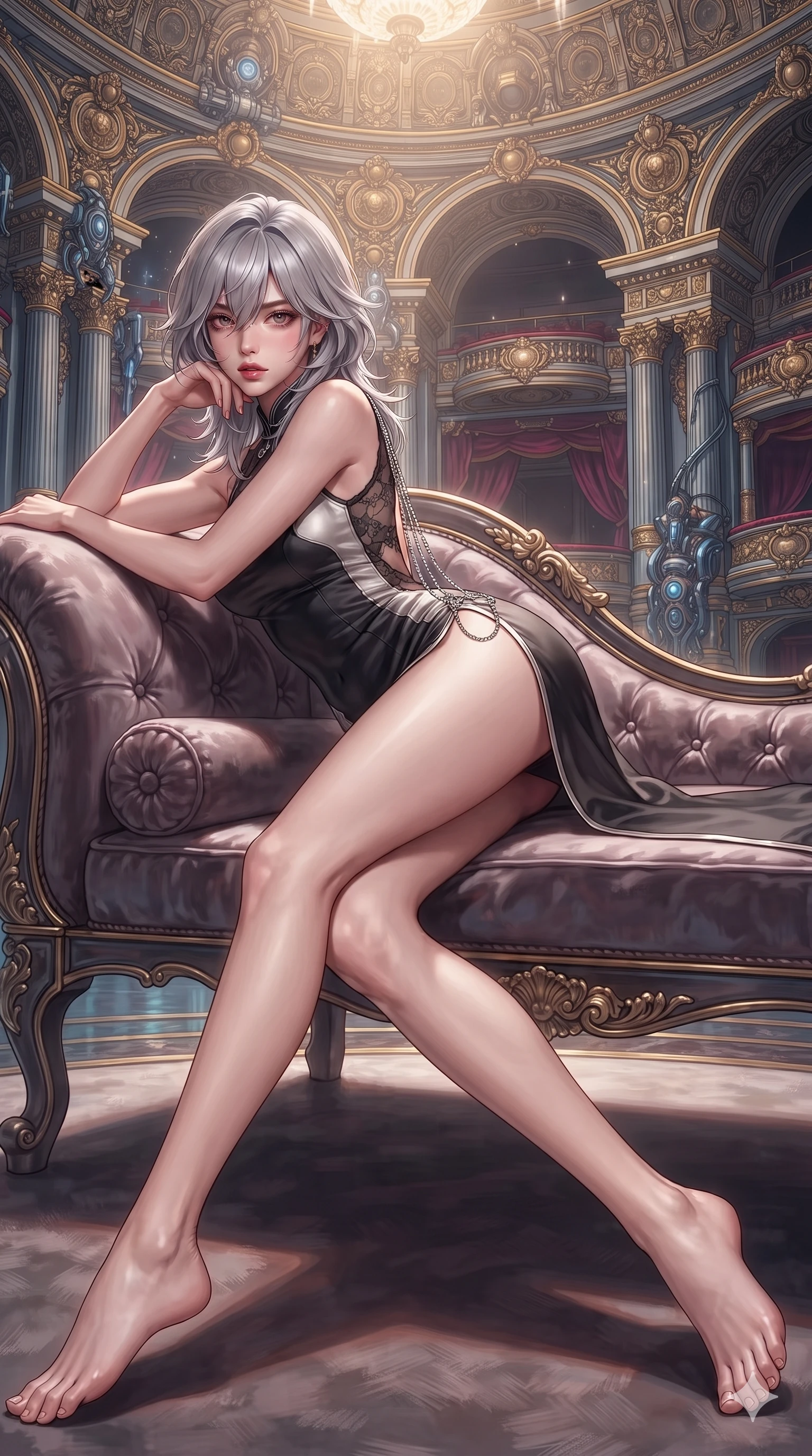 score_9, masterpiece, best quality, ultra-detailed, high-budget anime keyframe, semi-realistic 3D game render, editorial fashion photography, tasteful artistic composition, Japanese woman. low angle full-body shot from head to toe showing her feet, filling the entire 9:16 vertical frame with her statuesque presence, stretching her vertical silhouette. reclining gracefully across the plush chaise lounge with one leg extended, her sculpted silhouette and flat midriff radiating magnetic nocturnal glamour while lounging gracefully across the velvet opera bench propped on one elbow with legs extended, displaying her long slender limbs and statuesque hourglass silhouette. The surrounding environment is rendered in vivid detail and crisp panoramic clarity: detailed anime keyframe lines, rich fabric textures, and monumental royal opera architecture in razor-sharp precision. She has an exceptionally tall and slender model-like 8.5-heads proportion, an ultra-slim waist, a flat toned midriff, narrow delicate ribcage, and beautifully sculpted feminine hips creating a graceful, slim hourglass silhouette without any bulky heaviness, with impossibly long slender legs. sharp v-shaped jawline, high-bridge nose, intricate jewel-like eyes with depth, thick eyelashes, glossy parted lips with a natural sheen, intensely captivating and seductive bedroom-eyes expression, flawlessly proportioned anatomical accuracy, strict slender model proportions, natural body alignment, perfectly sculpted long slender limbs, ultra-slim waistline, clean dynamic posture without body distortion. wearing a modernized cyber-qipao mini dress with an ultra-high side slit ascending to the hip and sheer lace back in dark onyx black and molten platinum, crafted from bespoke double-faced cashmere with an exceptionally soft tactile finish, accented with an open-back drape framed by falling strands of delicate chrome chains, the second-skin form-contouring cut accentuating her sculpted flat midriff, narrow delicate ribcage, and gracefully curvy hips with supermodel precision. illuminated by crisp directional theatrical spotlights sharply defining her sculpted collarbones, ultra-slim waist, and curvy hips. highly saturated vibrant anime colors, detailed shading with soft gradients, rich glossy textures, high-contrast stereoscopic depth, volumetric dynamic lighting, master piece, 9:16 ratio