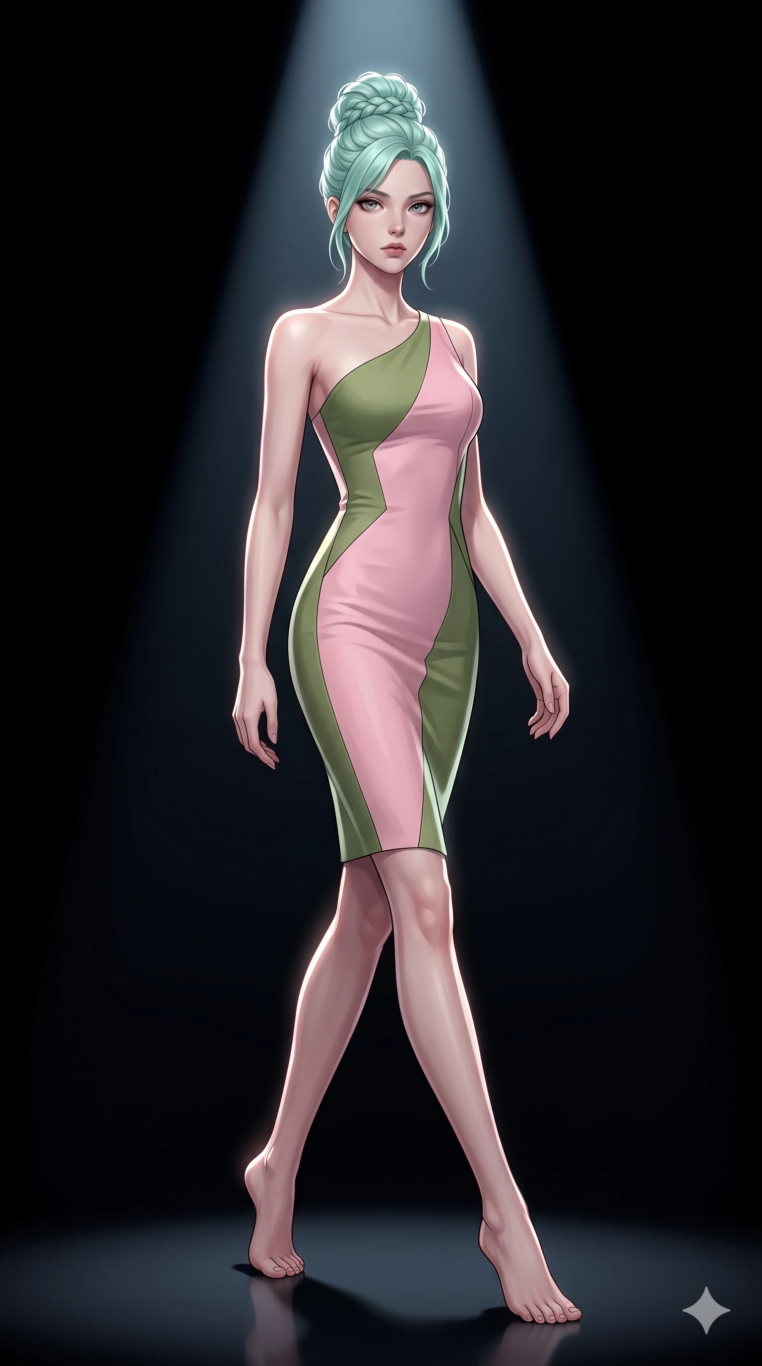 score_9, masterpiece, best quality, ultra-detailed, high-budget anime keyframe, editorial fashion photography, tasteful artistic composition, Japanese woman. low angle full-body shot from head to toe showing her feet, filling the entire 9:16 vertical frame with her statuesque presence, stretching her vertical silhouette. navigating with fluid motion through a pure dramatic infinite black void with nothing but a single powerful cinematic spotlight creating a perfect cone of light and stark absolute contrast between illumination and total darkness. She has a statuesque 8.5-heads proportion, an exceptionally tall, slender and willowy model-like build with impossibly long legs and a highly sculpted ultra-slim waist. sharp v-shaped jawline, high-bridge nose, intricate jewel-like eyes with depth, thick eyelashes, glossy lips with a natural sheen. wearing a sleek asymmetric one-shoulder dress in a color-blocked pattern of pastel pink and olive green, following her slender frame with sharp lines. soft glowing ambient light with sharp side key light tracing the sleek contours of her figure. 2k, ultra detail, master piece, 9:16 ratio