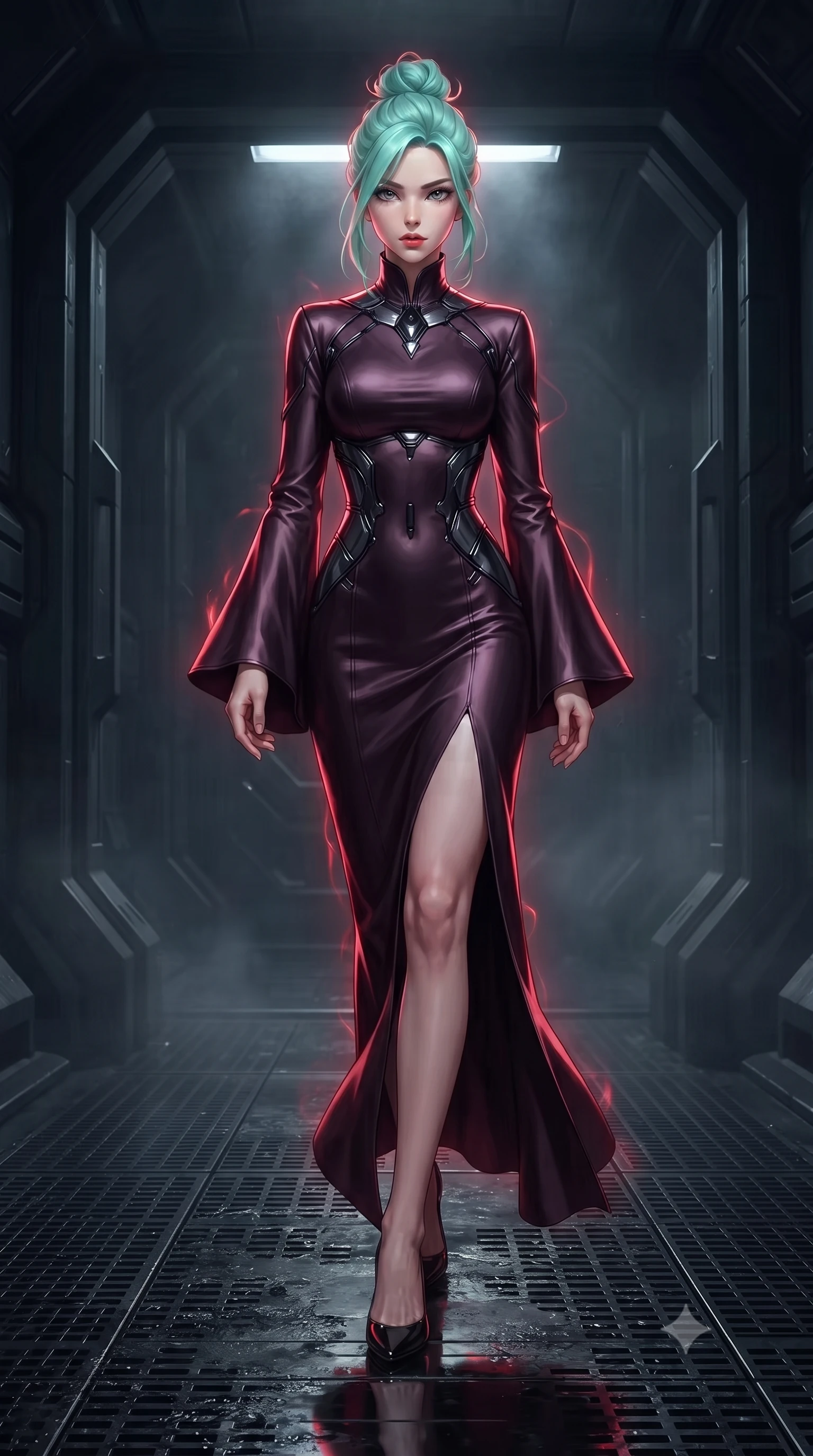 score_9, masterpiece, best quality, ultra-detailed, high-budget anime keyframe, editorial fashion photography, tasteful artistic composition, Japanese woman. low angle full-body shot from head to toe showing her feet, filling the entire 9:16 vertical frame with her statuesque presence, stretching her vertical silhouette. forging confidently through the dark atmospheric mist, holding a poised statuesque stance, navigating a dark alloy corridor with heavy reinforced blast doors, dark titanium and carbon-fiber textures absorbing background light. She has an absolutely perfect, statuesque 8.5-heads proportion, an exceptionally tall and slender model-like female figure with impossibly long slender legs and an ultra-slim waist. sharp v-shaped jawline, high-bridge nose, intricate jewel-like eyes with depth, thick eyelashes, glossy lips with a natural sheen. wearing gothic high-collar dark plum silk evening gown with long bell sleeves in pitch-black onyx, made of sculpted obsidian metallic chrome, adorned with minimalist black onyx hardware framing the silhouette, the fitted fabric emphasizing her ultra-slim waist. surrounded by a glowing red cybernetic aura with sharp rim highlights. highly saturated vibrant anime colors, detailed shading with soft gradients, rich glossy textures, high-contrast stereoscopic depth, volumetric dynamic lighting, master piece, 9:16 ratio