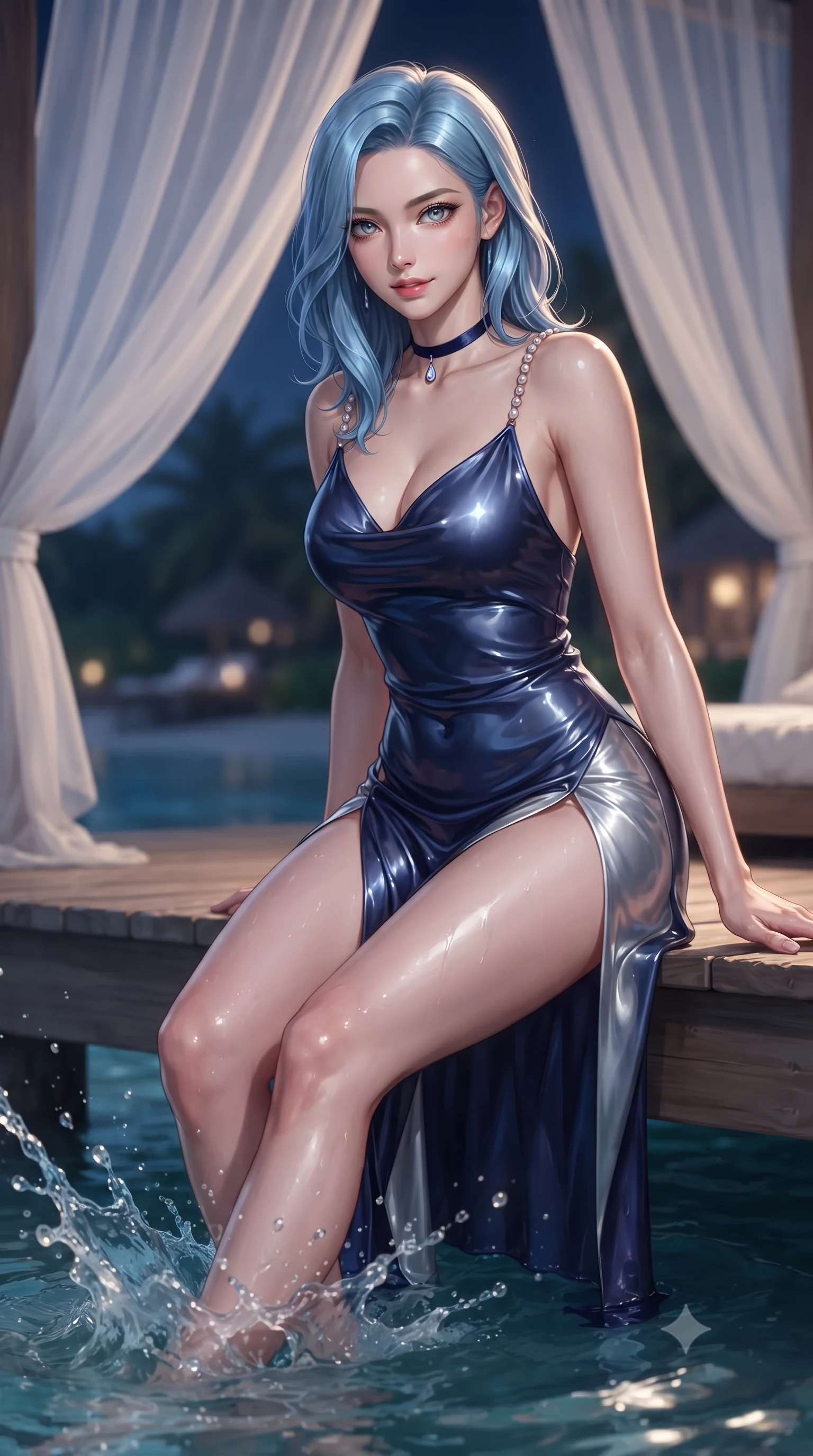 score_9, masterpiece, best quality, ultra-detailed, high-budget anime keyframe, editorial fashion photography, tasteful artistic composition, Korean woman. close-up cowboy shot from the waist and thighs up, the character dominates the composition, filling the frame with her large presence. leaning forward while arching her lower back to accentuate her curvy hips, looking into the camera with an intoxicating smoldering gaze and bedroom-eyes while perched sideways on the wooden deck edge with legs dipped in the warm sea, splashing water playfully with a coquettish, teasing smile. The background shows a soft-focus billowing sheer white canopy netting softened in nocturnal island romance shallow focus. She has an exceptionally elegant, slender, and willowy female figure with an ultra-slim waist, flat toned midriff, narrow ribcage, and sculpted feminine hips creating an alluring, slim hourglass silhouette without bulk. sharp v-shaped jawline, high-bridge nose, sparkling eyes with hypnotic seductive depth, thick curled eyelashes, glossy parted lips with a natural dewy peach sheen, alluring bedroom-eyes with an enchanting coquettish smile, exuding magnetic siren charisma and sophisticated glamour, flawlessly proportioned anatomical accuracy, strict slender model proportions, natural body alignment, perfectly sculpted long slender limbs, ultra-slim waistline, clean dynamic posture without body distortion. wearing a plunging cowl-neck liquid silk satin sarong slip dress with daring hip-high double slits and pearl shoulder straps in deep sapphire navy and molten silver, crafted from wet-look high-gloss vinyl fabric with dazzling specular surface reflections, finished with a thin velvet ribbon choker and a single teardrop diamond pendant, the liquid-tight tailored fabric clinging flawlessly to her narrow waist and rounded feminine hips, emphasizing every millimeter of her sculpted slim hourglass curves without any bulky heaviness. illuminated by lagoon water surface specular highlights and sharp champagne-gold rim lights defining her delicate clavicles, ultra-slim waist, and curvy hips. ultra-reflective glossy finish, specular highlights, rich textural contrasts, high-contrast stereoscopic depth, volumetric dynamic lighting, 2k, ultra detail, master piece, 9:16 ratio
