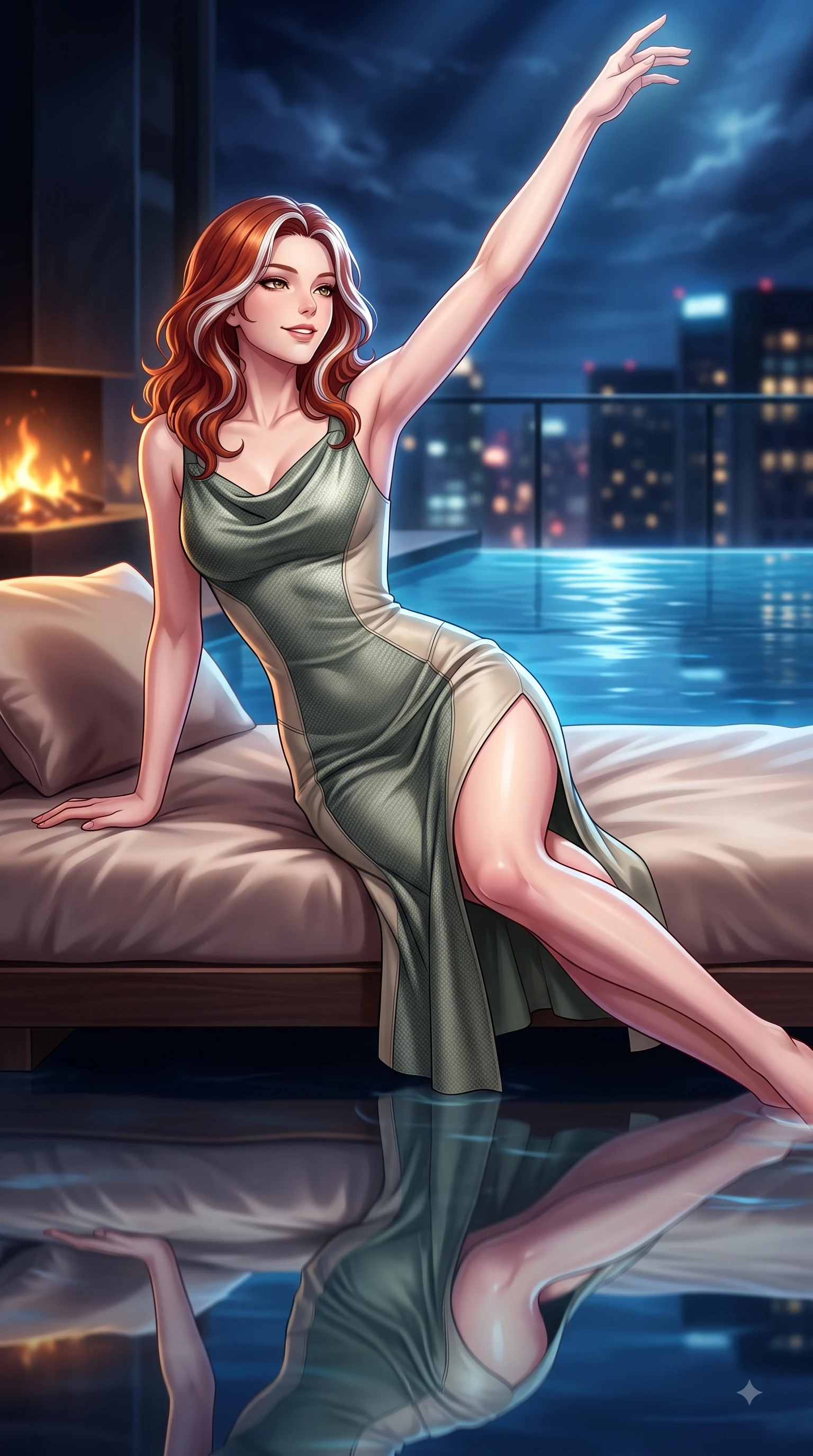score_9, masterpiece, best quality, ultra-detailed, high-budget anime keyframe, editorial fashion photography, tasteful artistic composition, Caucasian woman. close-up cowboy shot from the waist and thighs up, the character dominates the composition, filling the frame with her large presence, background elements kept in soft focus. Extending one arm in an elegant stretch toward the light while smiling with magnetic self-assurance while lounging in an alluring S-curve pose on a plush silk daybed in a penthouse over city lights, still pool water reflecting her statuesque figure and the dramatic night sky flawlessly. She has an exceptionally elegant, slender, and willowy female figure with an ultra-slim waist, a gracefully sculpted slender torso, and a refined silhouette. sharp v-shaped jawline, high-bridge nose, intricate jewel-like eyes with depth, thick eyelashes, glossy lips with a natural sheen, flawlessly proportioned anatomical accuracy, natural body alignment, perfectly sculpted elegant limbs, clean dynamic posture without body distortion. wearing an elegant cowl-neck satin midi dress with a graceful draped neckline in sage green and oatmeal, made of fine carbon-fiber weave and soft matte leather, finished with a sleek side slit ascending to mid-thigh, the elegant draped fit framing her graceful clavicle and slender torso. illuminated by glowing hearth embers and dramatic city night rim light. highly saturated vibrant anime colors, detailed shading with soft gradients, rich glossy textures, high-contrast stereoscopic depth, volumetric dynamic lighting, master piece, 9:16 ratio