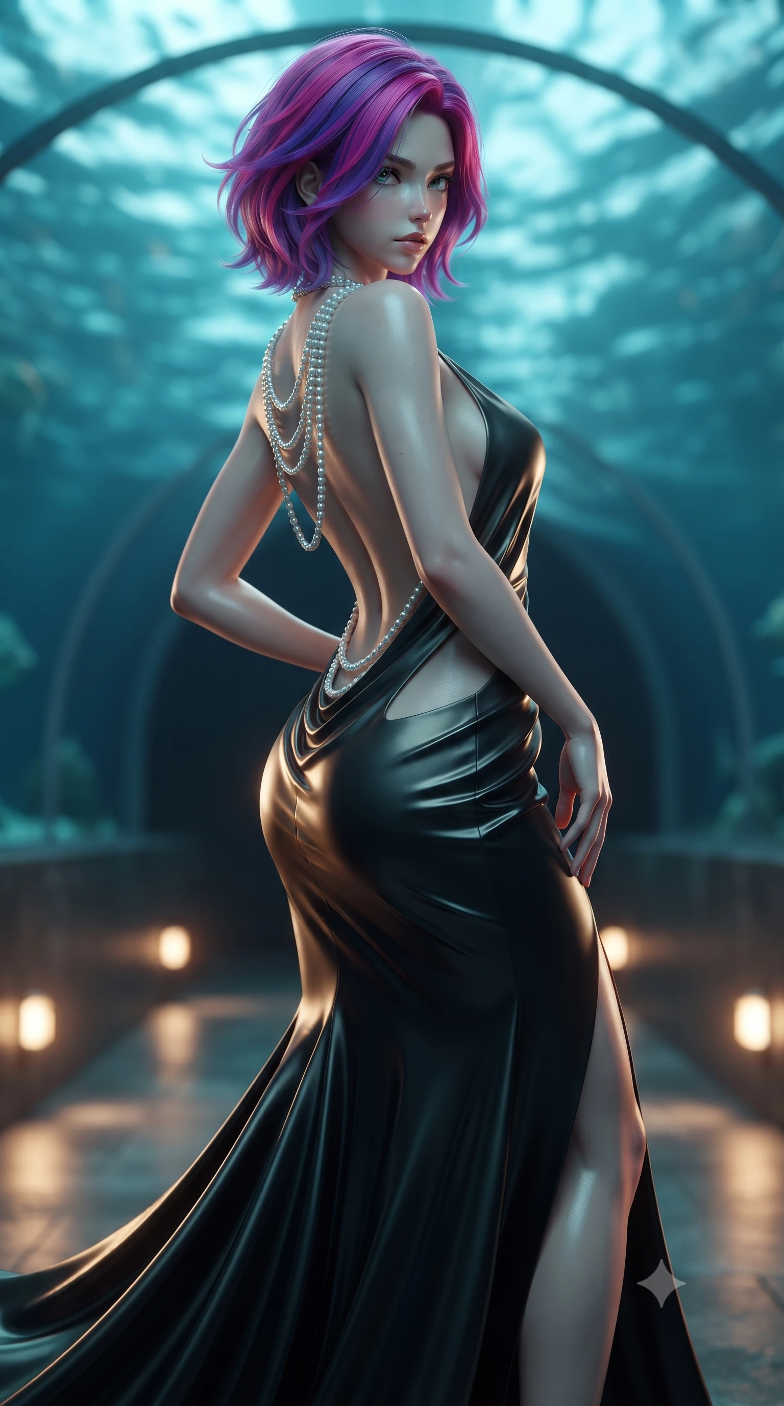score_9, masterpiece, best quality, ultra-detailed, high-budget anime keyframe, editorial fashion photography, tasteful artistic composition, Caucasian woman. close-up cowboy shot from the waist and thighs up, the character dominates the composition, filling the frame with her large presence. arching her spine backward with effortless dancer poise, one hand sliding along her hip line as directional light carves specular highlights along her silhouette while striding gracefully down the water-tunnel corridor, her liquid-finish dress clinging to her narrow waist and long slender legs. The composition keeps background elements in soft focus with creamy bokeh. submerged water caustics and curved acrylic wall reflections softened in romantic shallow focus. She has an exceptionally elegant, slender, and willowy female figure with an ultra-slim waist, flat toned midriff, narrow ribcage, and sculpted feminine hips creating an alluring, slim hourglass silhouette without bulk. sharp v-shaped jawline, high-bridge nose, intricate jewel-like eyes with depth, thick eyelashes, glossy parted lips with a natural sheen, intensely captivating and seductive bedroom-eyes expression, flawlessly proportioned anatomical accuracy, strict slender model proportions, natural body alignment, perfectly sculpted long slender limbs, ultra-slim waistline, clean dynamic posture without body distortion. wearing an open-back duchess satin gala gown with a dramatic hip-hugging drape and cascading trailing hem in midnight obsidian black and liquid gold, tailored from ultra-smooth duchess satin with a pearlescent sheen, accented with a multi-strand pearl back necklace cascading down her bare spine to her hips, the precision-cut side openings and low-back scoop framing her graceful spine and the sensual sweep of her slim, toned hips. bathed in cool aquatic turquoise bioluminescent downlights and warm floor-level amber uplights. ultra-reflective glossy finish, specular highlights, rich textural contrasts, high-contrast stereoscopic depth, volumetric dynamic lighting, 2k, ultra detail, master piece, 9:16 ratio