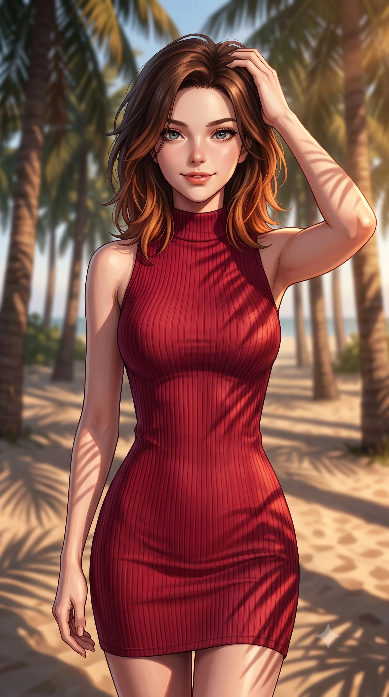 score_9, masterpiece, best quality, ultra-detailed, high-budget anime keyframe, editorial fashion photography, tasteful artistic composition, Korean woman woman. close-up cowboy shot from the waist and thighs up, the character dominates the composition, filling the frame with her large presence, background elements kept in soft focus. smiling with quiet, magnetic self-assurance directly into the camera, running a hand through her hair the background shows a soft-focus a grove of tall palm trees near the beach, their shadows drawing patterns on the sand. She has an exceptionally elegant, slender, and willowy female figure with an ultra-slim waist, a gracefully sculpted slender torso, and a refined silhouette. sharp v-shaped jawline, high-bridge nose, intricate jewel-like eyes with depth, thick eyelashes, glossy lips with a natural sheen. wearing a body-hugging body-hugging ribbed bodycon dress in crimson red, detailed with a tight mock-neck. warm late afternoon sunrays casting long palm leaf shadows on her form. 2k, ultra detail, master piece, 9:16 ratio