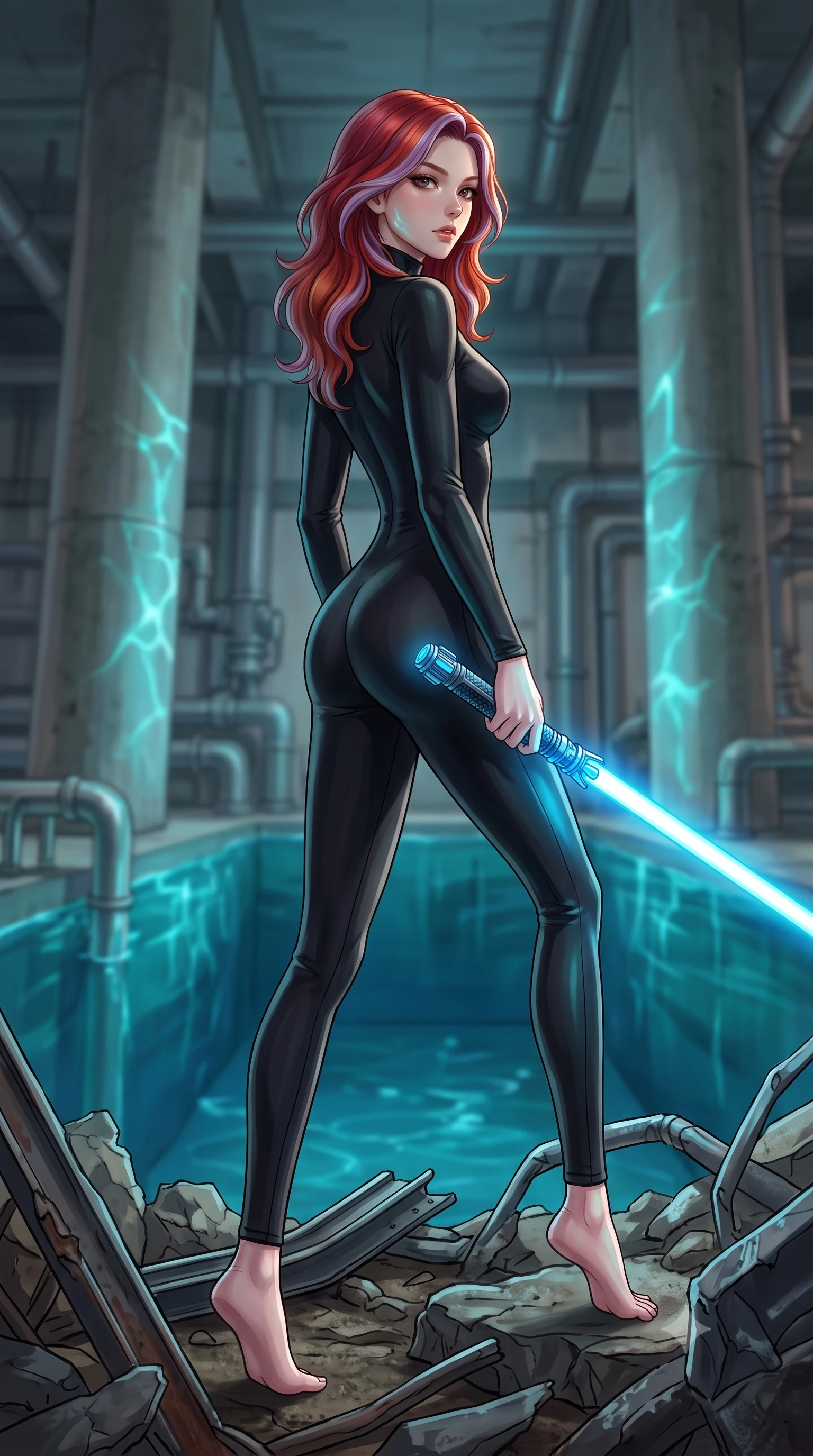 score_9, masterpiece, best quality, ultra-detailed, high-budget anime keyframe, editorial fashion photography, tasteful artistic composition, Caucasian woman. low angle full-body shot from head to toe showing her feet, filling the entire 9:16 vertical frame with her statuesque presence, stretching her vertical silhouette. stepping gracefully through battlefield debris with a glowing saber hilt in hand, looking back over her shoulder, the background shows a soft-focus a water pump room with concrete pillars and a large open cooling pool. She has an absolutely perfect, statuesque 8.5-heads proportion, an exceptionally tall and slender model-like female figure with impossibly long slender legs and an ultra-slim waist. sharp v-shaped jawline, high-bridge nose, intricate jewel-like eyes with depth, thick eyelashes, glossy lips with a natural sheen. wearing a slim-fit body-hugging high-neck flight deck jumpsuit in matte black, contouring her athletic, slender build. shifting aqua light reflections from the pool water mapping across her features. highly saturated vibrant anime colors, detailed shading with soft gradients, rich glossy textures, high-contrast stereoscopic depth, volumetric dynamic lighting, master piece, 9:16 ratio