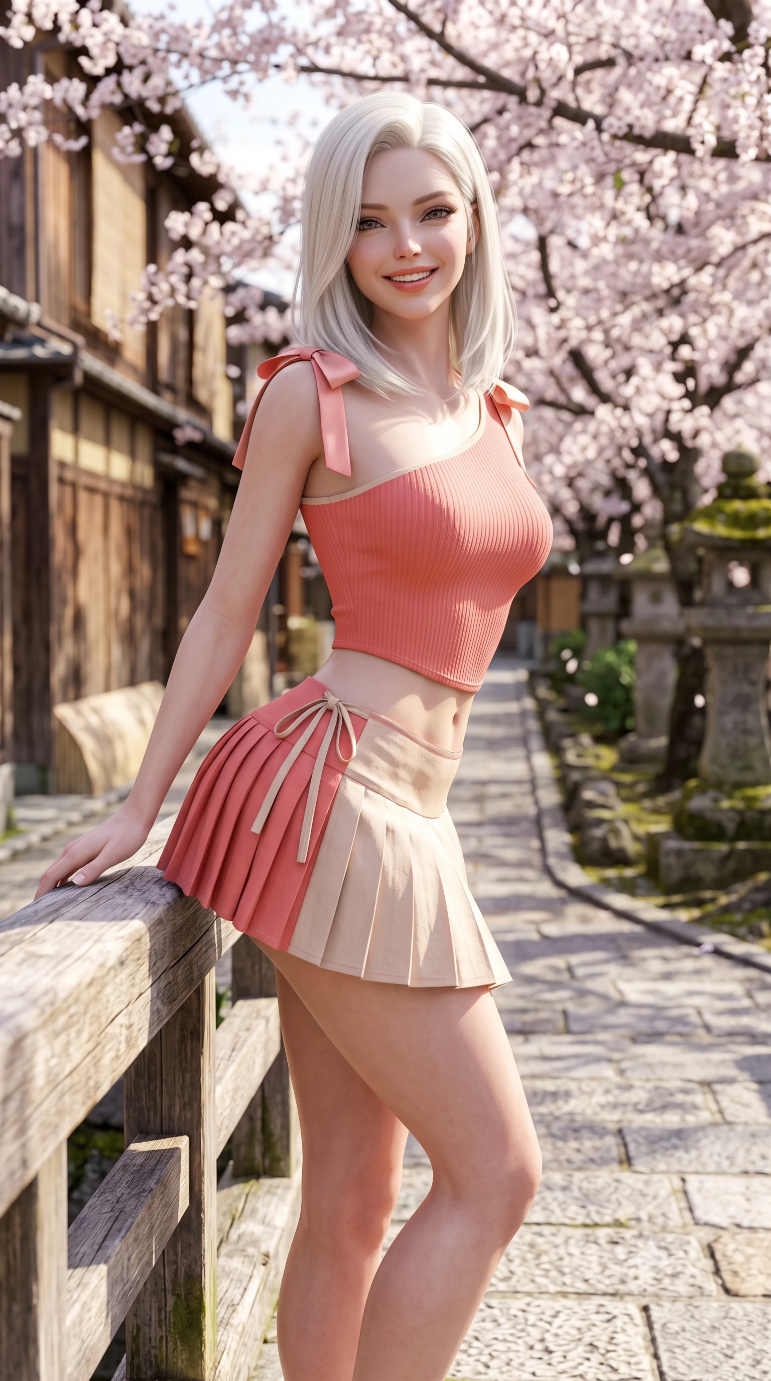 score_9, masterpiece, best quality, ultra-detailed, high-budget anime keyframe, semi-realistic 3D game render, editorial fashion photography, tasteful artistic composition, Caucasian woman. close-up cowboy shot from the waist and thighs up, the character dominates the composition, filling the frame with her large presence. leaning back against the sunlit railing with relaxed seductive grace, her flat midriff and narrow waist highlighted as she smiles brightly with bewitching eyes while walking gracefully along the stone canal pathway beneath hundreds of blooming cherry trees, arching her lower back with a bright, charming smile. The composition keeps background elements in soft focus with dreamy creamy bokeh. traditional wooden teahouse walls and stone moss lanterns softened in tranquil Kyoto shallow focus. She has an exceptionally elegant, slender, and willowy female figure with an ultra-slim waist, flat toned midriff, narrow ribcage, and sculpted feminine hips creating an alluring, slim hourglass silhouette without bulk. sharp v-shaped jawline, high-bridge nose, intricate jewel-like sparkling eyes with depth, thick eyelashes, glossy parted lips with a natural peach sheen, bright cheerful beaming smile with an enchanting and coquettish sensual glint, exuding both youthful cute charm and seductive allure, flawlessly proportioned anatomical accuracy, strict slender model proportions, natural body alignment, perfectly sculpted long slender limbs, ultra-slim waistline, clean dynamic posture without body distortion. wearing an asymmetrical one-shoulder ribbed top paired with a micro-pleated skirt with side hip ties in warm coral pink and soft oatmeal beige, tailored from crisp cotton poplin with clean structural lines, finished with cute satin bow ribbons tying at the shoulders, the glove-like silhouette tightly following the natural contour of her hips and long slender legs with youthful 8.5-heads elegance. bathed in bright morning spring sunlight scattering through blooming flower canopies. highly saturated vibrant anime colors, detailed shading with soft gradients, rich glossy textures, high-contrast stereoscopic depth, volumetric dynamic lighting, master piece, 9:16 ratio