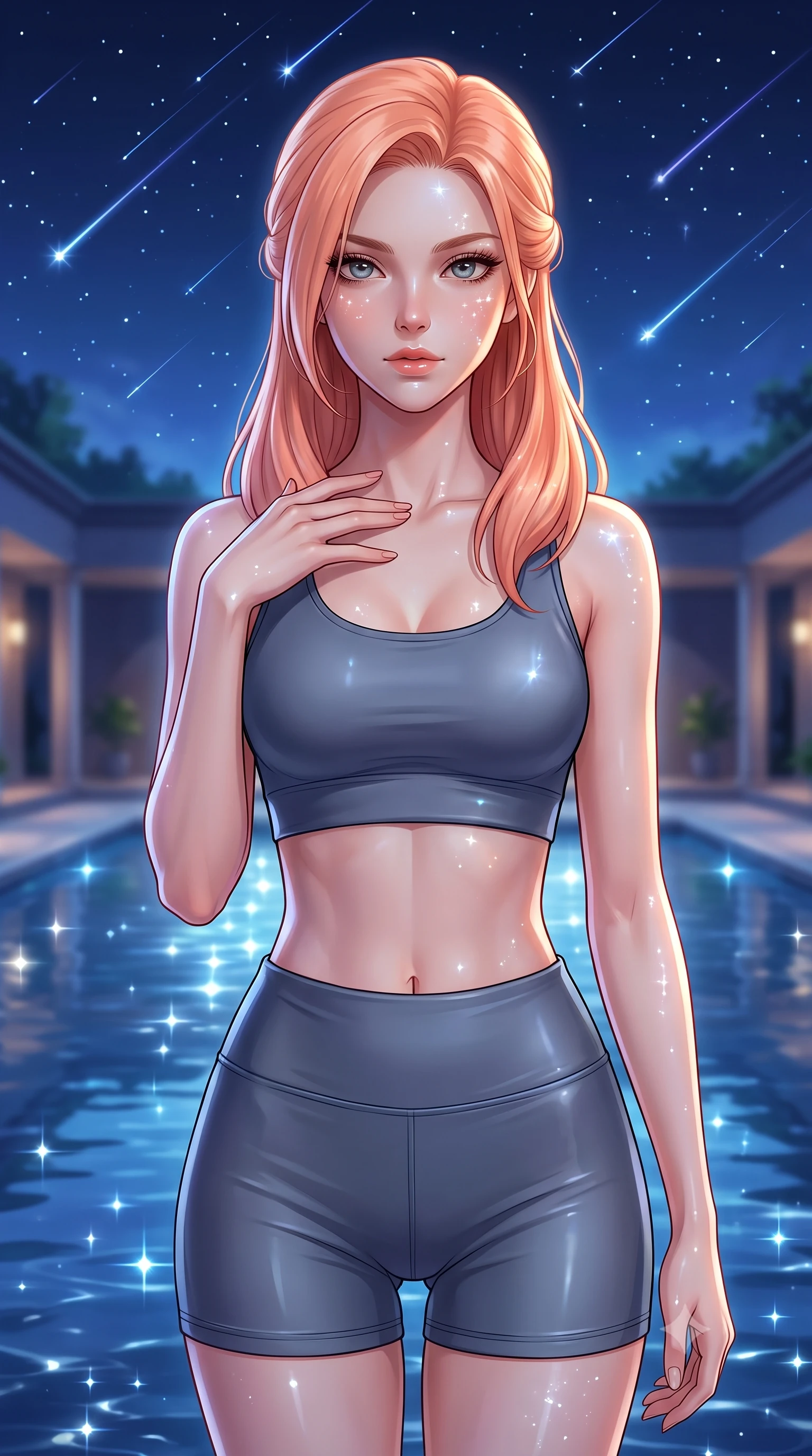 score_9, masterpiece, best quality, ultra-detailed, high-budget anime keyframe, editorial fashion photography, tasteful artistic composition, Japanese woman. close-up cowboy shot from the waist and thighs up, the character dominates the composition, filling the frame with her large presence, background elements kept in soft focus. standing with one hand resting on her collarbone, looking at the viewer with bedroom-eyes the background shows a soft-focus a serene reflection pool courtyard under a sky filled with shooting stars. She has an exceptionally elegant, slender, and willowy female figure with an ultra-slim waist, a gracefully sculpted slender torso, and a refined silhouette. sharp v-shaped jawline, high-bridge nose, intricate jewel-like eyes with depth, thick eyelashes, glossy lips with a natural sheen. wearing a slim-fit body-hugging athletic crop top and high-waisted shorts set in slate grey. shimmering starlight reflections mapping across her features from the water. highly saturated vibrant anime colors, detailed shading with soft gradients, rich glossy textures, high-contrast stereoscopic depth, volumetric dynamic lighting, master piece, 9:16 ratio