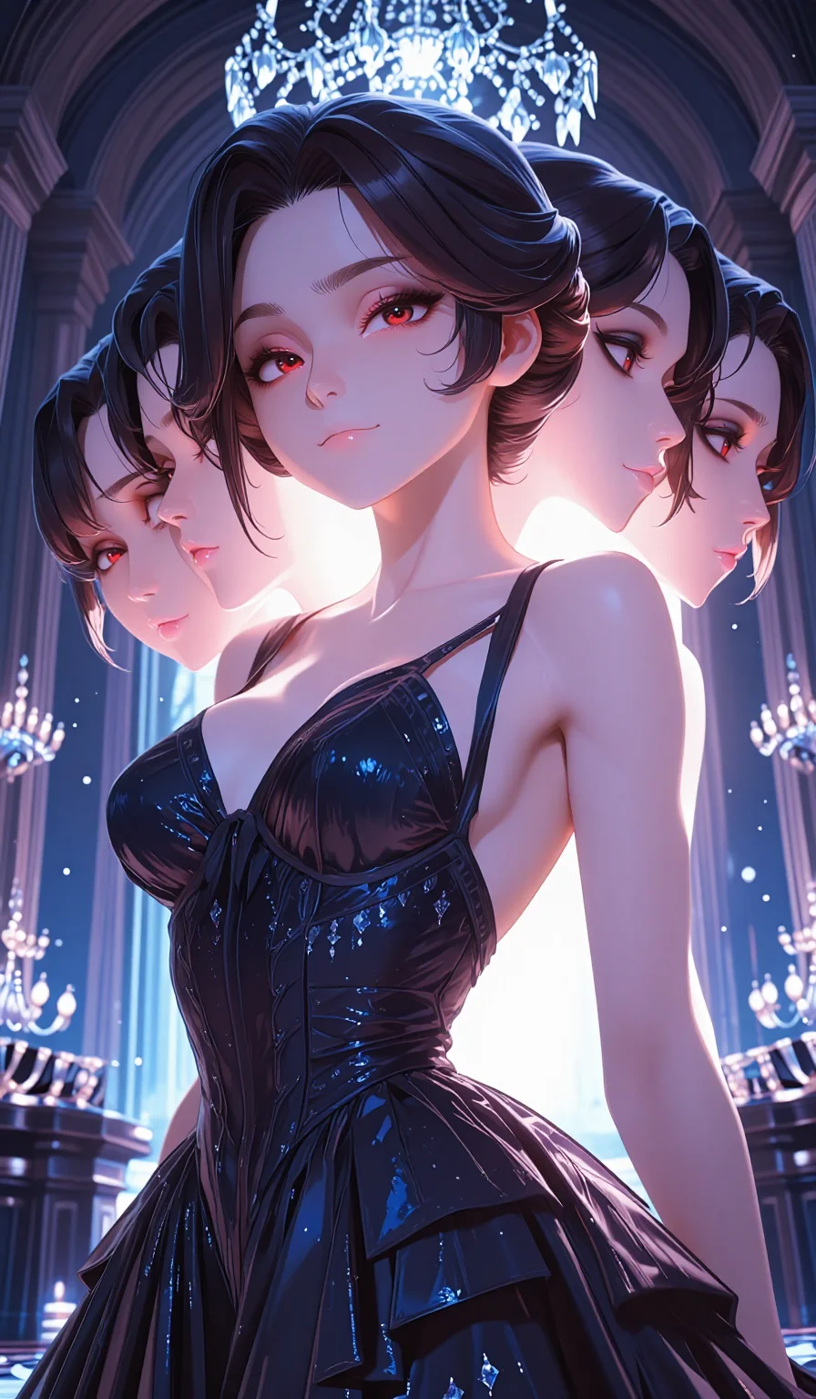 score_9, masterpiece, best quality, ultra-detailed, semi-realistic high-budget anime keyframe, an incredibly beautiful Korean woman. Medium shot of upper body focusing on her alluring features. She is a high-society vampire queen in a moonlit ballroom. She has an absolutely perfect 8-heads proportion, a towering and slender female figure. Her face is a masterpiece with porcelain skin and ruby eyes. She is wearing a high-cut black lace gown, highlighting her alluring silhouette. Moonbeams and crystal chandeliers, radiant glowing skin, dramatic rim lighting, 2k, ultra detail, master piece, 9:16 ratio