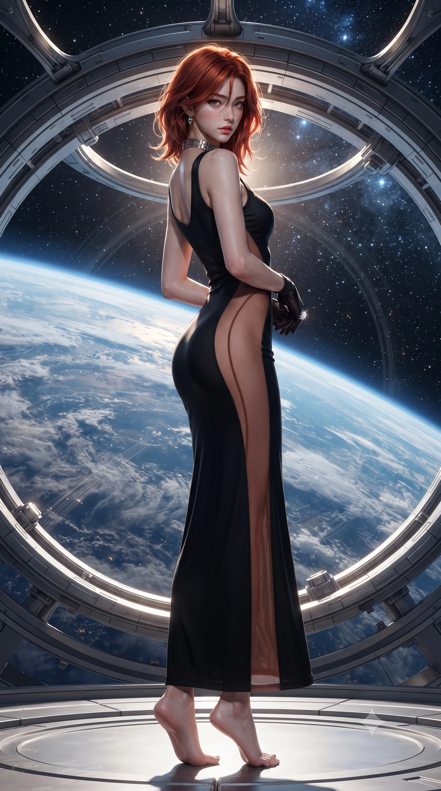 score_9, masterpiece, best quality, ultra-detailed, high-budget anime keyframe, editorial fashion photography, tasteful artistic composition, Korean woman. low angle full-body shot from head to toe showing her feet, filling the entire 9:16 vertical frame with her statuesque presence, stretching her vertical silhouette. posing with back turned slightly to the lens, glancing back with smoldering allure as she arches her lower back to emphasize her sculpted feminine hips and slender waist while floating weightlessly beside an architectural titanium lounge ring, arching her spine in a fluid, dancer-like line as orbital sunrise floods her silhouette. The surrounding environment is rendered in vivid detail and crisp panoramic clarity. detailed aerodynamic space fabric sheen, Earth cloud filament clarity, and starlight reflections in high resolution. She has an exceptionally tall and slender model-like 8.5-heads proportion, an ultra-slim waist, a flat toned midriff, narrow delicate ribcage, and beautifully sculpted feminine hips creating a graceful, slim hourglass silhouette without any bulky heaviness, with impossibly long slender legs. sharp v-shaped jawline, high-bridge nose, intricate jewel-like eyes with depth, thick eyelashes, glossy parted lips with a natural sheen, intensely captivating and seductive bedroom-eyes expression, flawlessly proportioned anatomical accuracy, strict slender model proportions, natural body alignment, perfectly sculpted long slender limbs, ultra-slim waistline, clean dynamic posture without body distortion. wearing a second-skin black silk jersey maxi dress with asymmetrical sheer mesh side panels tracing the full curve of her hip in desert terracotta copper and sun-baked sand gold, made of sheer contouring power-mesh with velvet flocking patterns, complemented by a bold geometric choker and sparkling cocktail ring, the glove-like aerodynamic silhouette tightly following the natural contour of her hips and long slender legs with statuesque 8.5-heads elegance. surrounded by a celestial, sovereign, and breathlessly magnificent orbital empress aura. ultra-reflective glossy finish, specular highlights, rich textural contrasts, high-contrast stereoscopic depth, volumetric dynamic lighting, 2k, ultra detail, master piece, 9:16 ratio