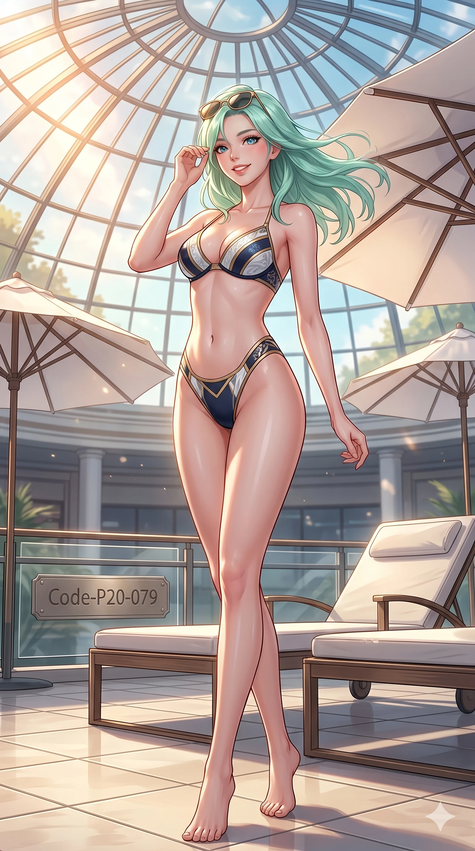 score_9, masterpiece, best quality, ultra-detailed, high-budget anime keyframe, vibrant anime aesthetic, Japanese woman. cowboy shot from the thighs up, character and outfit filling the frame for maximum presence. She is standing tall with a lively smile, her hair blowing in the spring breeze by a high-end tennis club lounge under white umbrellas (Code-P20-079). She has an absolutely perfect 8-heads proportion, an exceptionally tall and slender female figure with impossibly long slender legs and an ultra-slim waist. V-shaped jawline, high-bridge nose, intricate jewel-like eyes with depth, thick eyelashes, glossy lips with a natural sheen. wearing a sleek swimsuit with high-cut lines and exposed waist. She is warm glowing resort light filtering through the glass dome, outlining her features. 2k, ultra detail, master piece, 9:16 ratio
